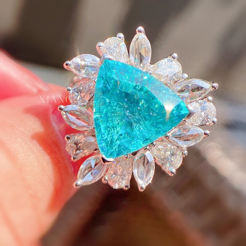 Hotsale Triangle Neon Blue Tourmaline Mix Color Gems Women Girls Charm Rings