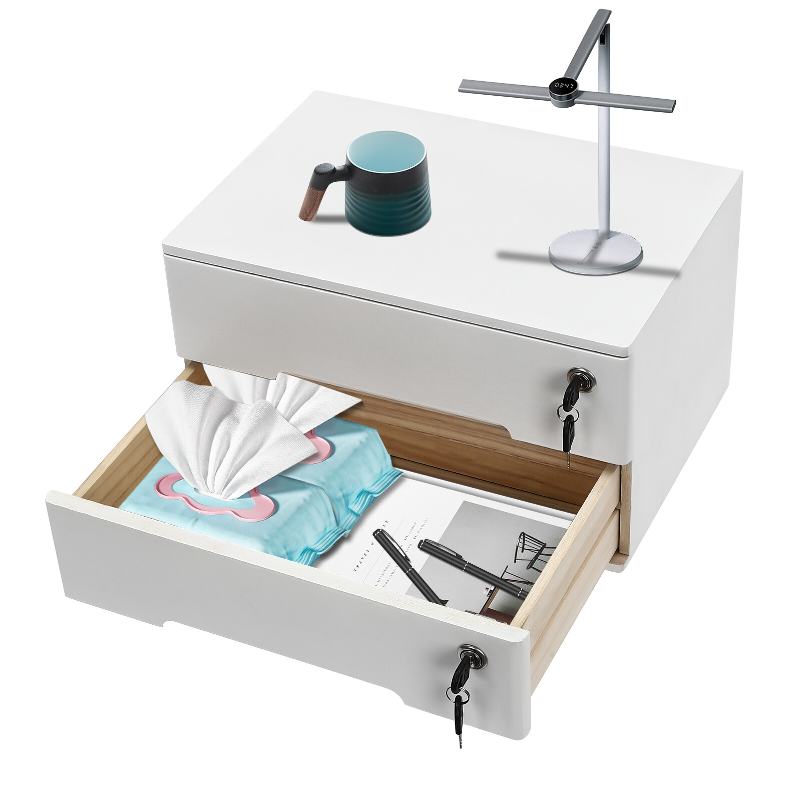 Compact Lockable 2-Drawer Wooden Desktop Storage Cabinet with Keys