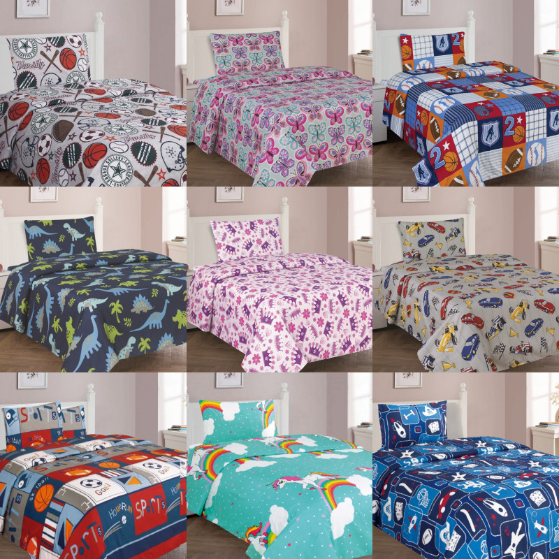 KIDS COMPLETE BED SHEET SET PRINTED DESIGN FLAT, FITTED SHEET AND PILLOW CASE