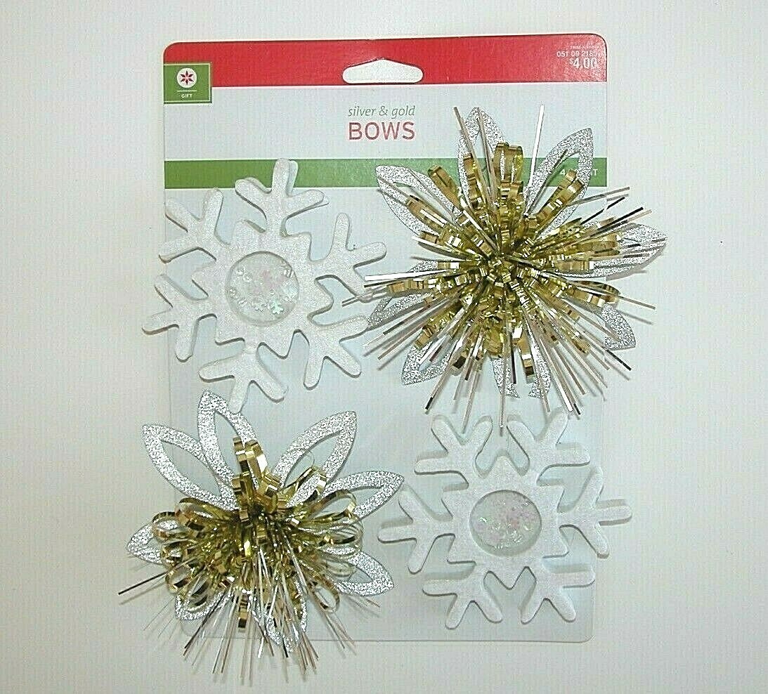 NEW NWT Christmas Package Decoration Bow White Silver Gold Snowflake Set 4
