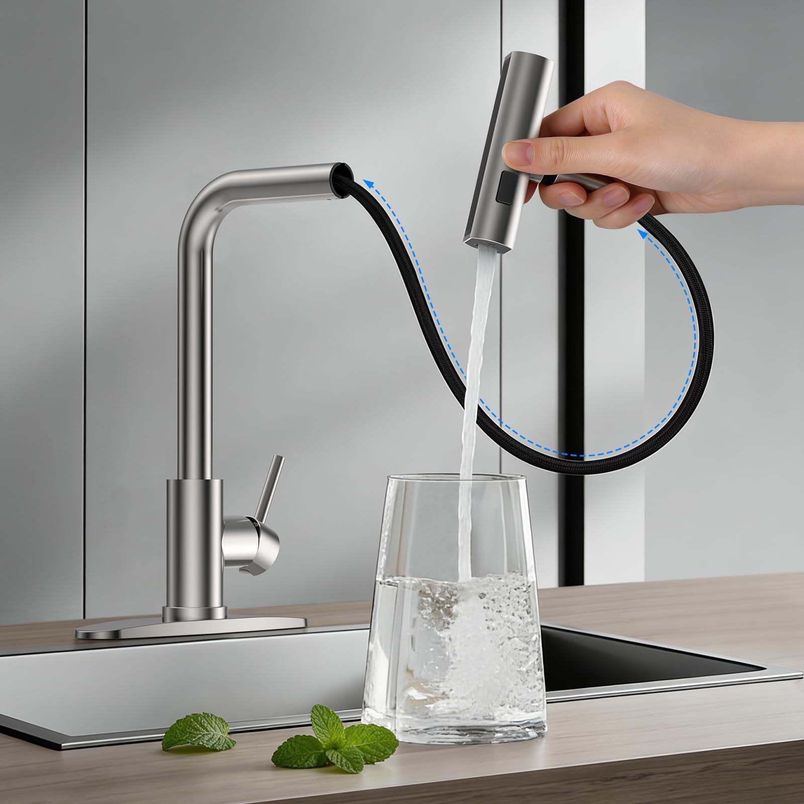 Kitchen Faucet Brushed Nickel 4-Mode Pull Down Sprayer - High Pressure Cleaning