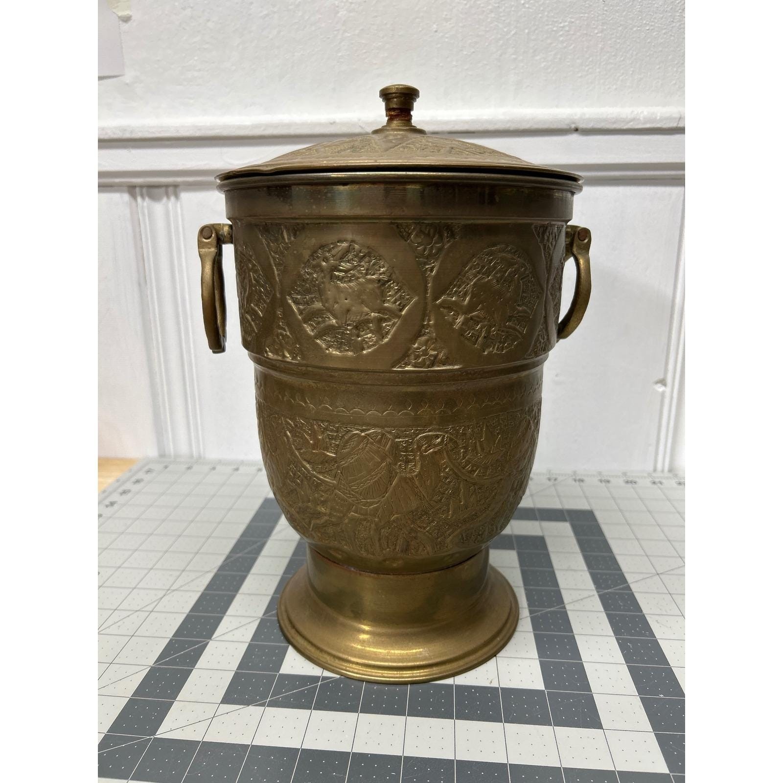 Vintage Nader India Brass Ice Bucket Lidded Gold Repousse Animal Scenes