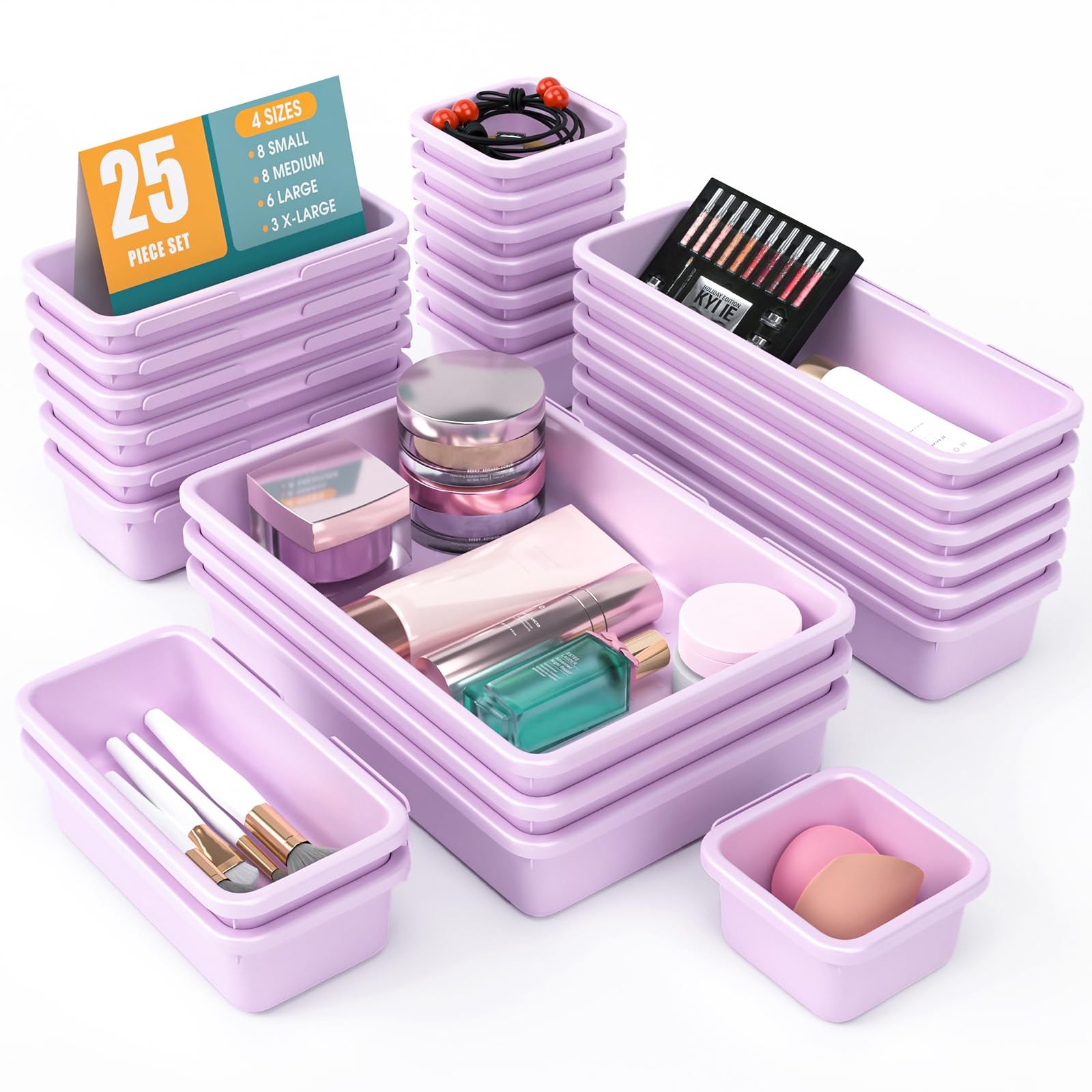 Drawer Organizer Set 25 PCS, 4 Size Non-Slip Plastic Storage Bins - Organize
