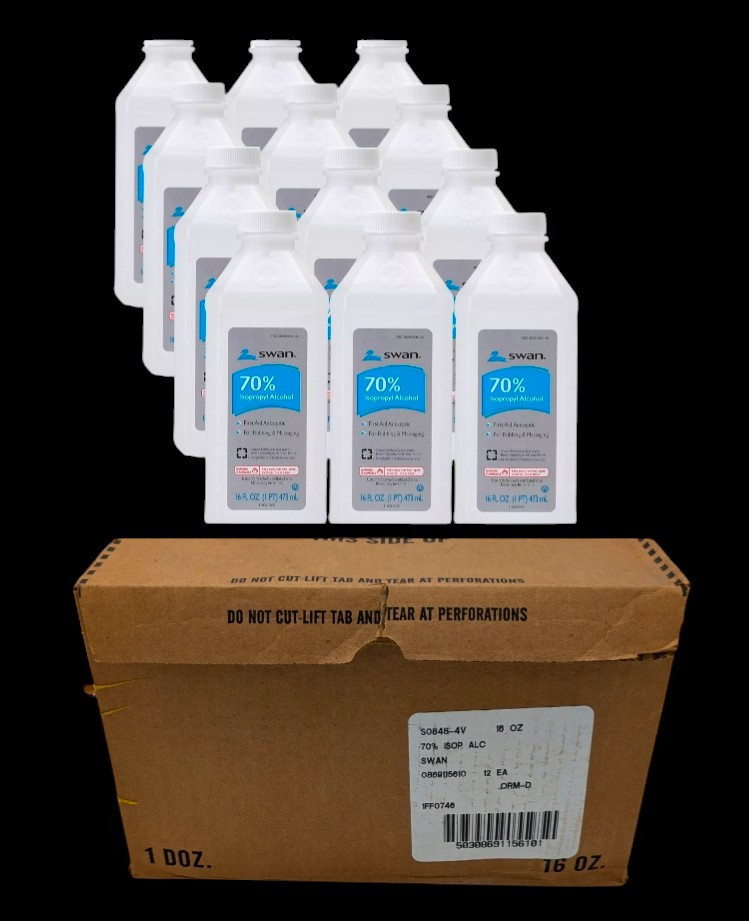Brand New Case Lot 12 Bottles of Swan Isopropyl Rubbing Alcohol 70% 16 fl. oz.