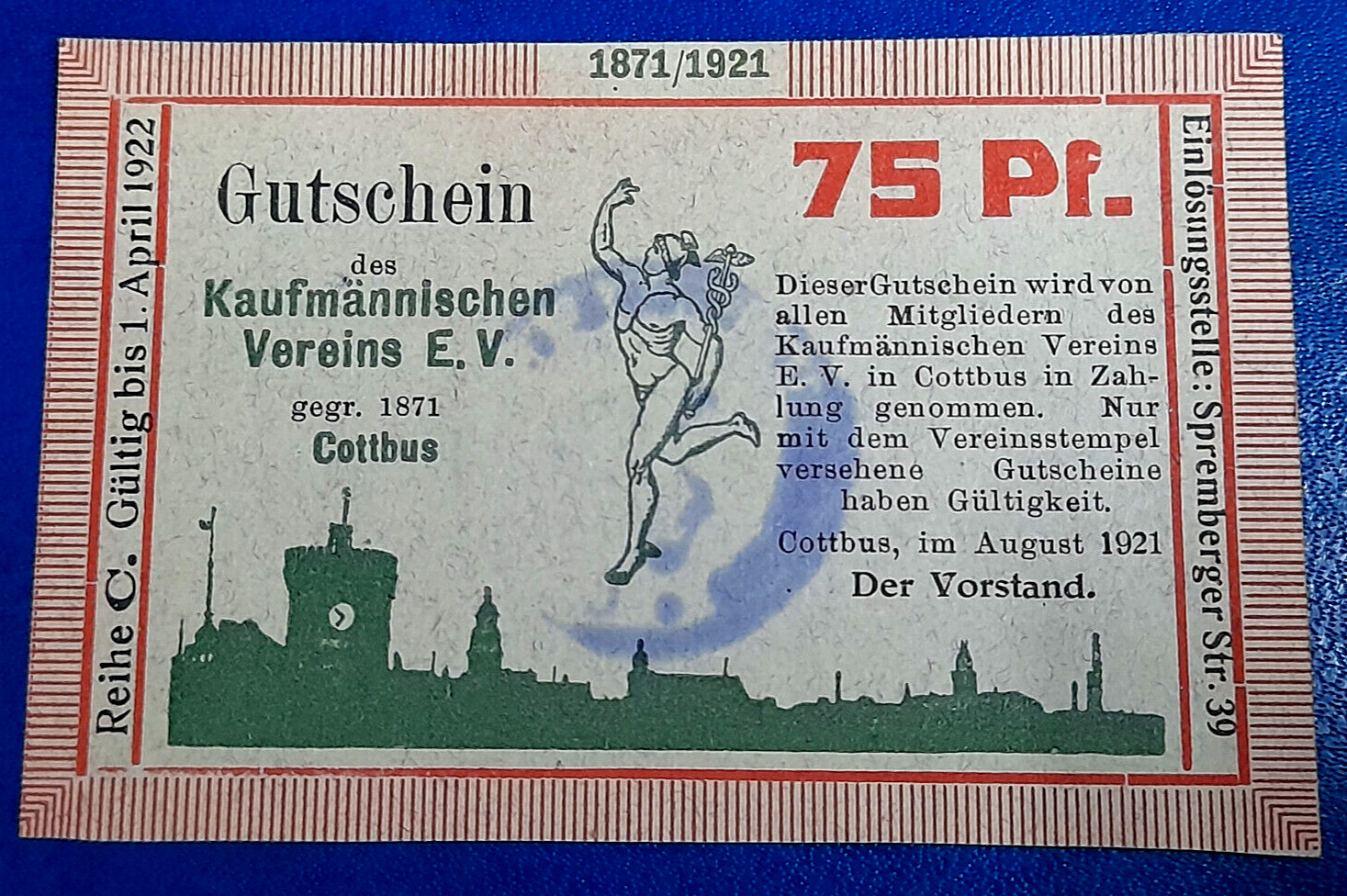 COTTBUS NOTGELD 75 PFENNIG 1921 EMERGENCY MONEY GERMANY BANKNOTE (31554)