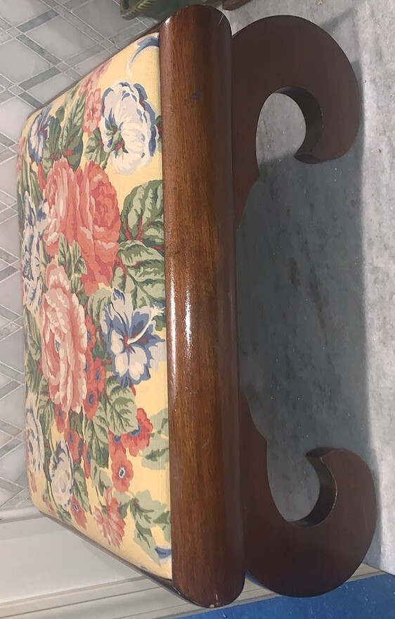 Antique Mahogany Empire Footstool Scroll Foot Stool 19.5”L 15.5”W 9.5”T Chintz