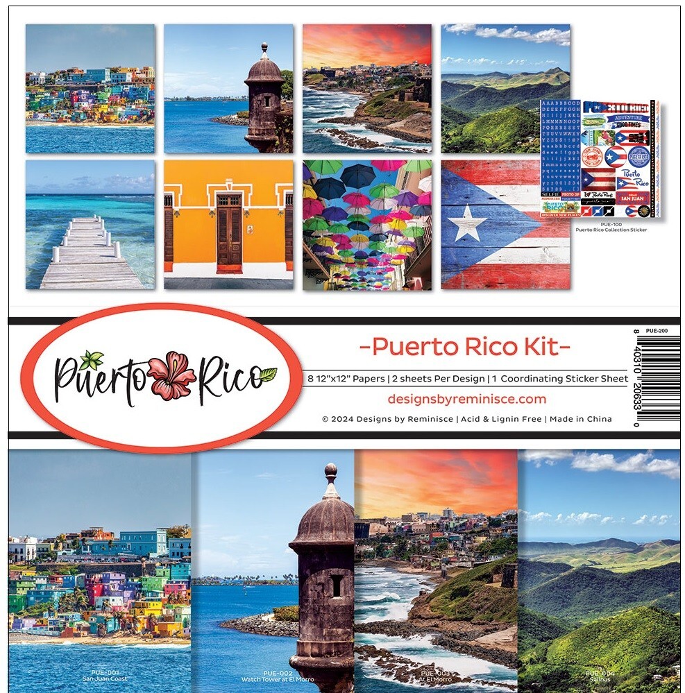 Puerto Rico Kit, 8 DS scrapbook papers, sticker sheet Reminisce PUE200