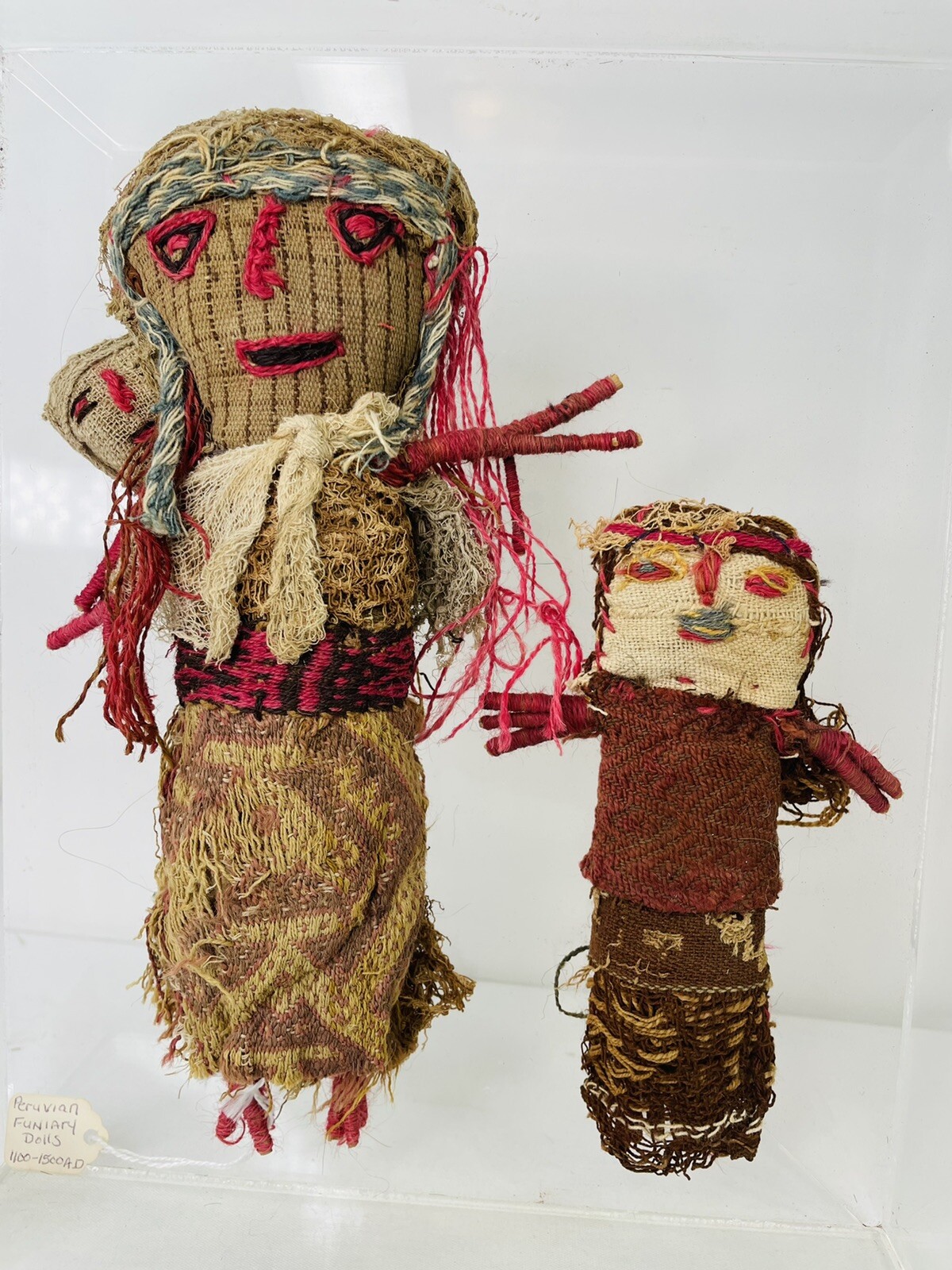 Peruvian Chancay Burial Dolls Funiary Brocade Pink Mounted Plexiglass Box Two