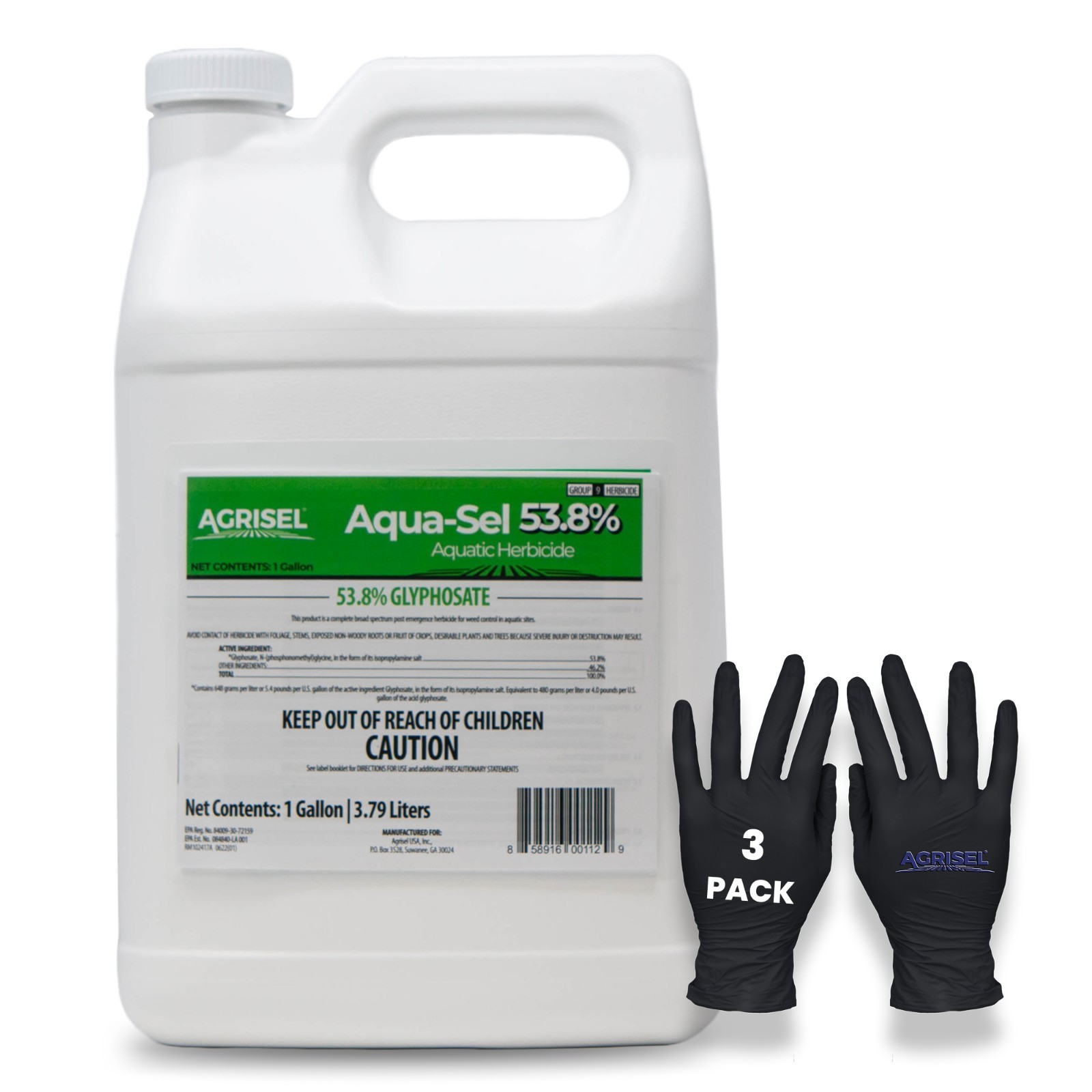Aqua-Sel 53.8% Weed Killer, Includes 3-Pack of Agrisel Protective Gloves, 128oz