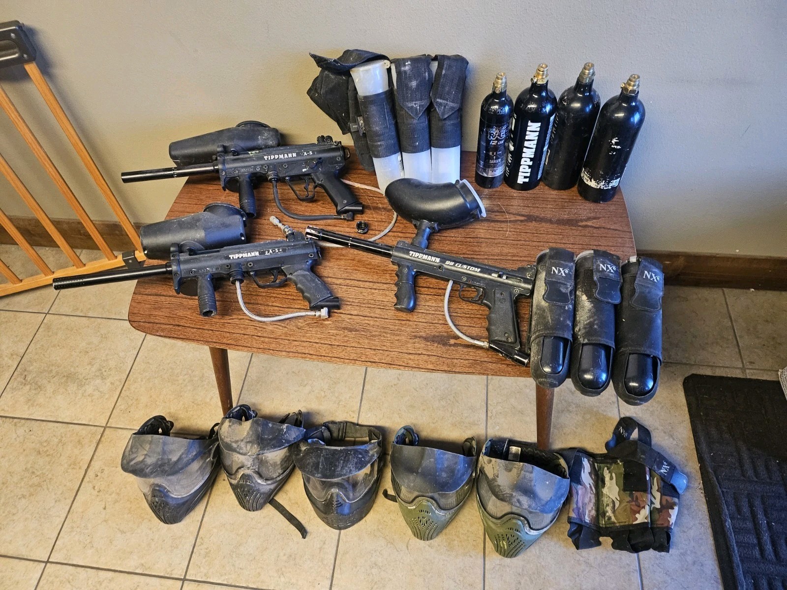 Lot of Tippmann A5 A-5 98 Custom Paintball Gun - Masks - Tanks - Holders