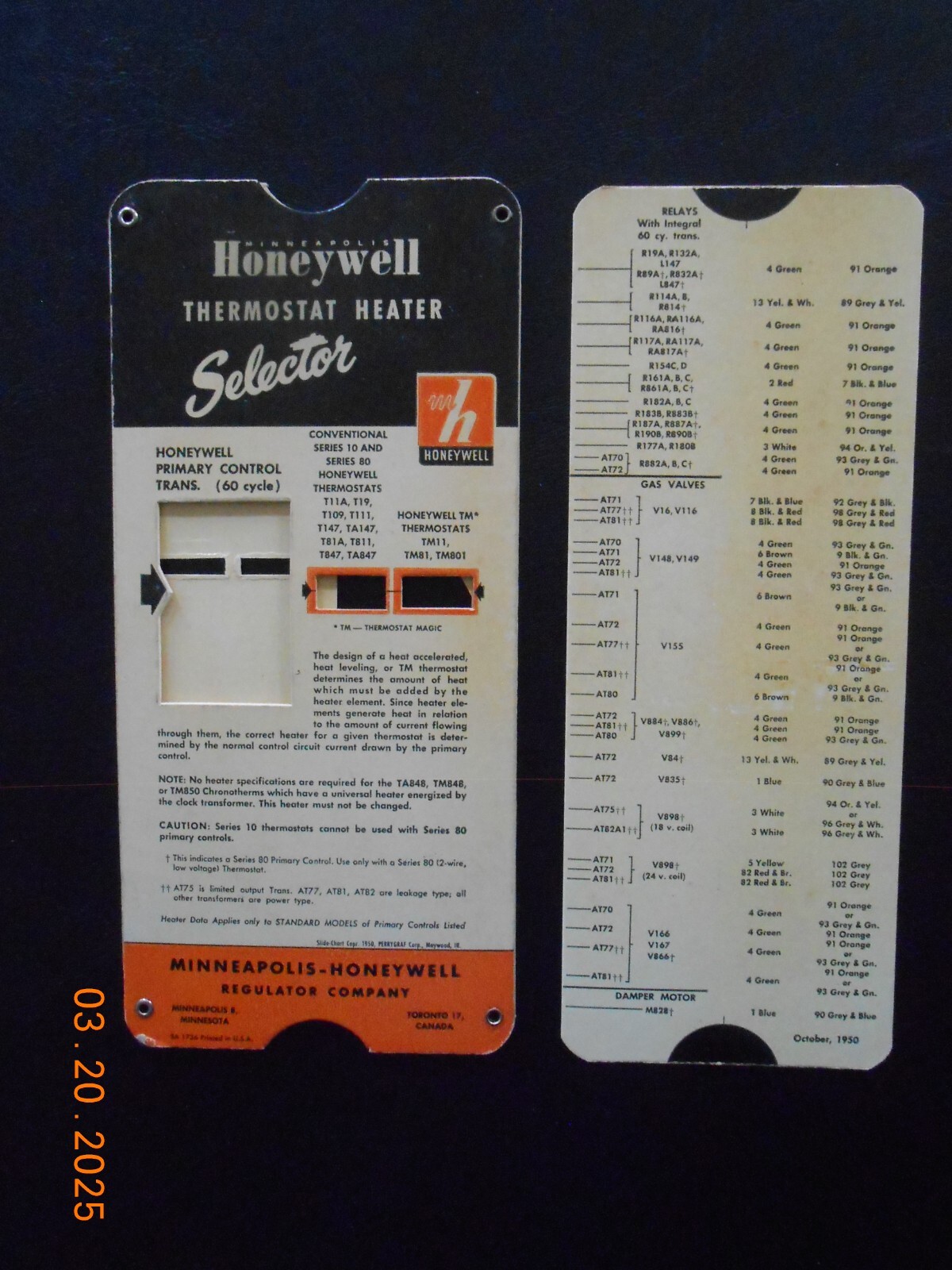 1950 Slide Rule Calculator Minneapolis-Honeywell Thermostat Heater Selector AD