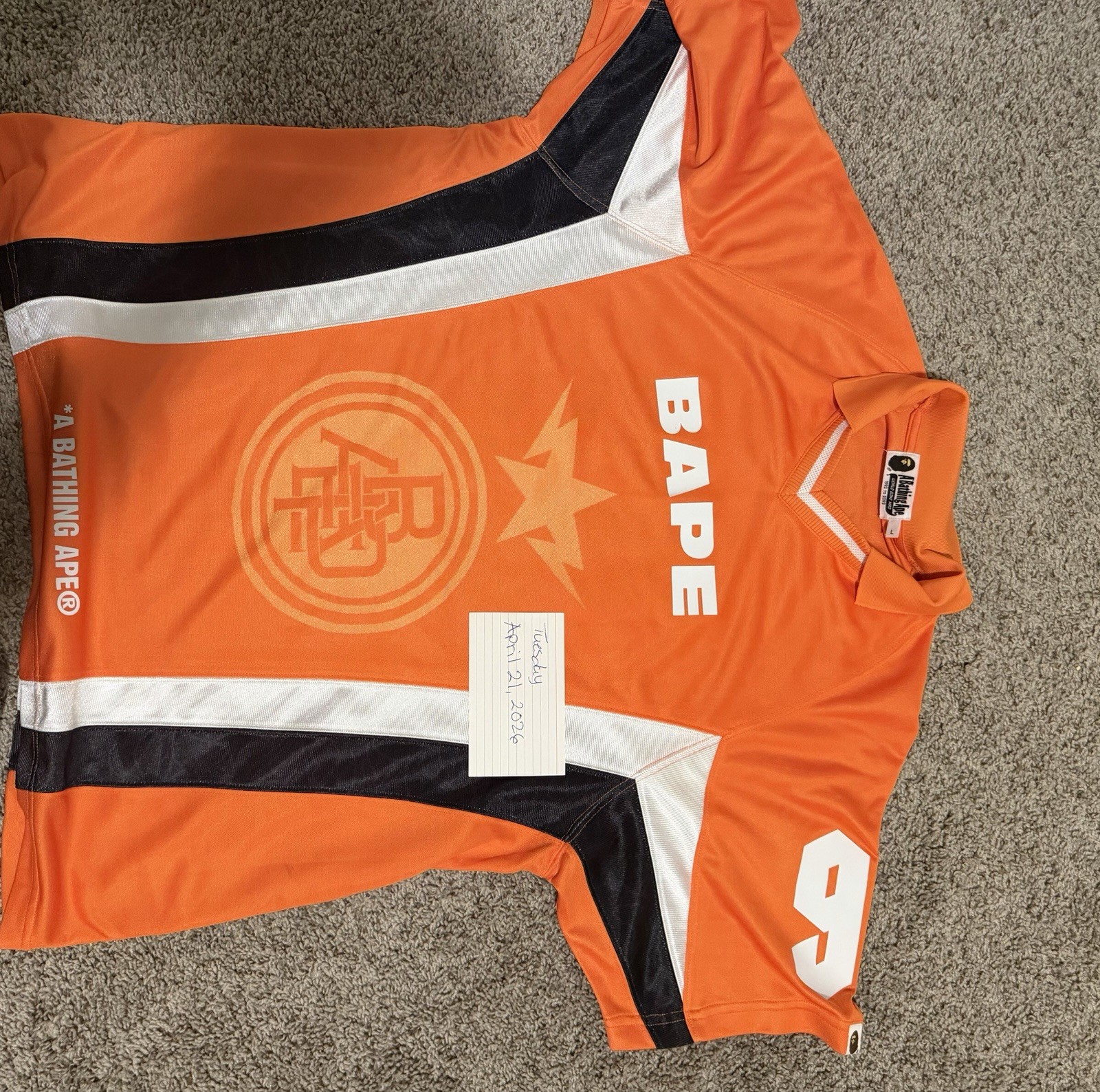 A Bathing Ape Orange Short Sleeve Soccer Jersey 100% Polyester Size L