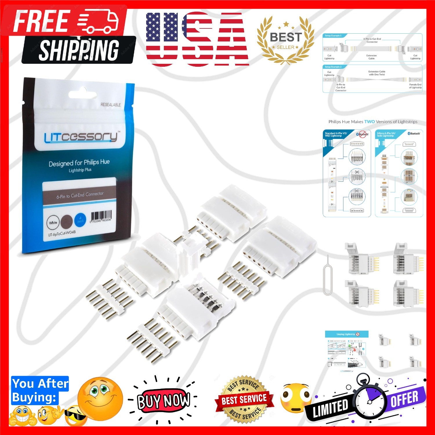 6-Pin to Cut-End Connector Compatible with Philips Hue Light Strip Plus, Hue ...