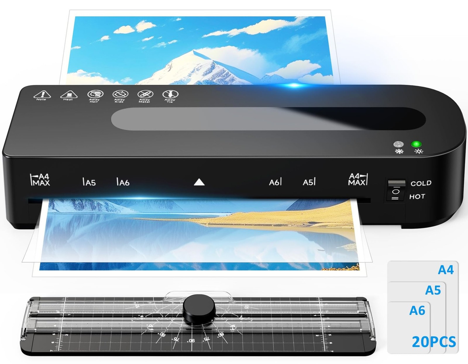 Laminator Machine, A4 Laminators Hot & Cold with 20 Laminating Sheets and Tri...