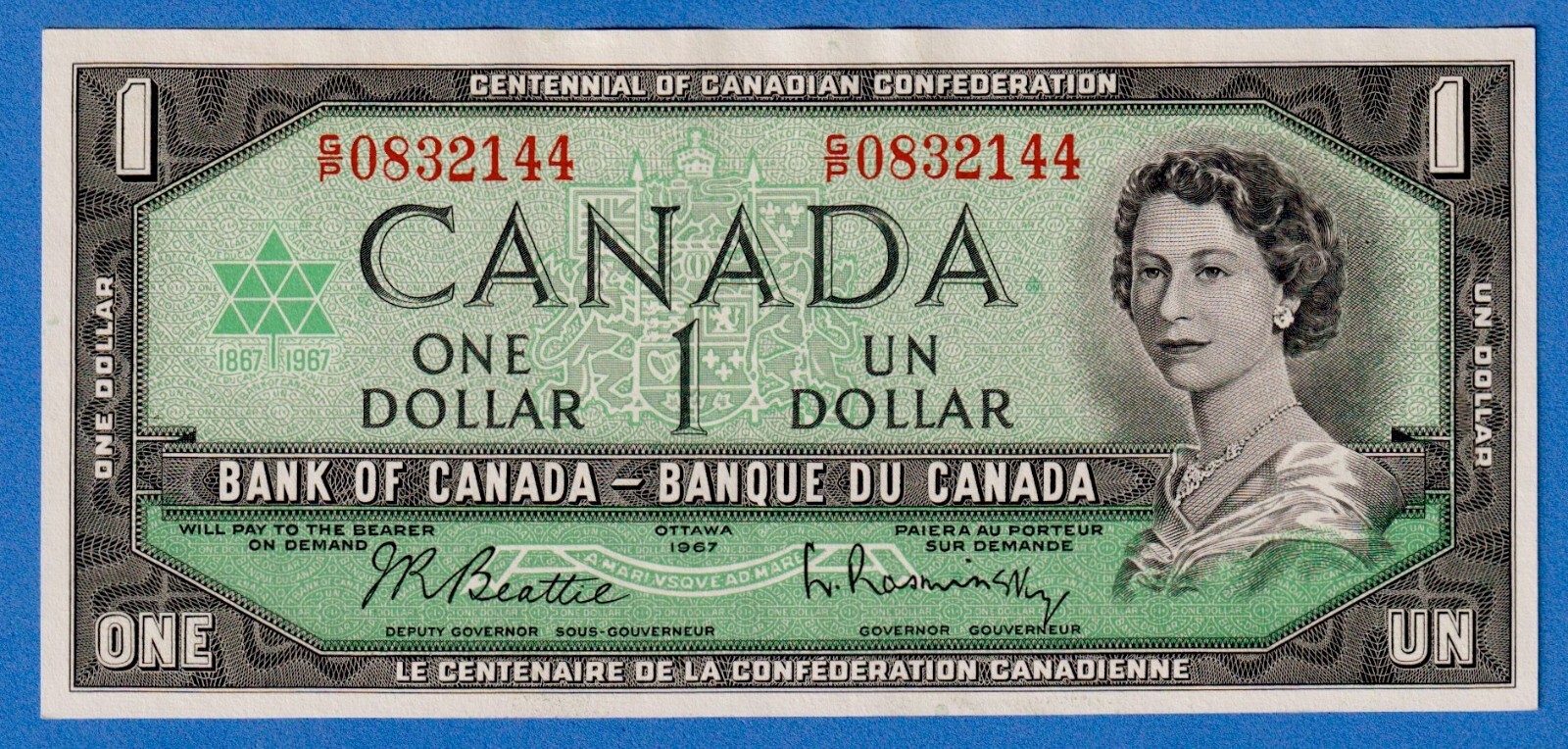 Canada $1 1967 P-84b / BC-45b-i  QE II  aUNC Note - Prefix G/P 0832144