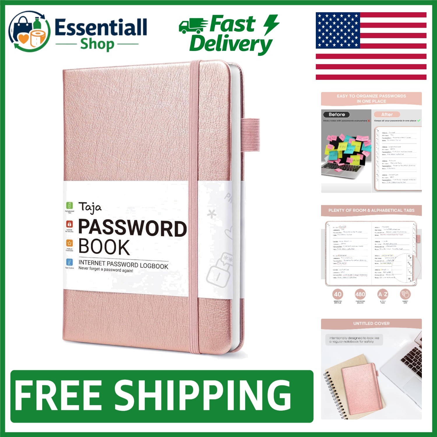 Elegant Rose Gold Password Keeper Book with Alphabetical Tabs for Seniors