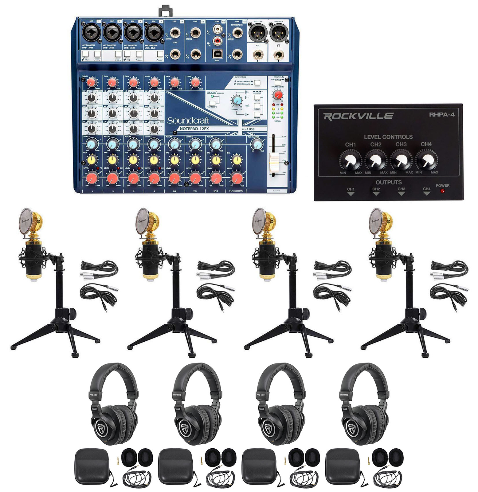 Soundcraft 4-Person Podcast Podcasting Recording Kit w/Mics+Headphones+Tripods
