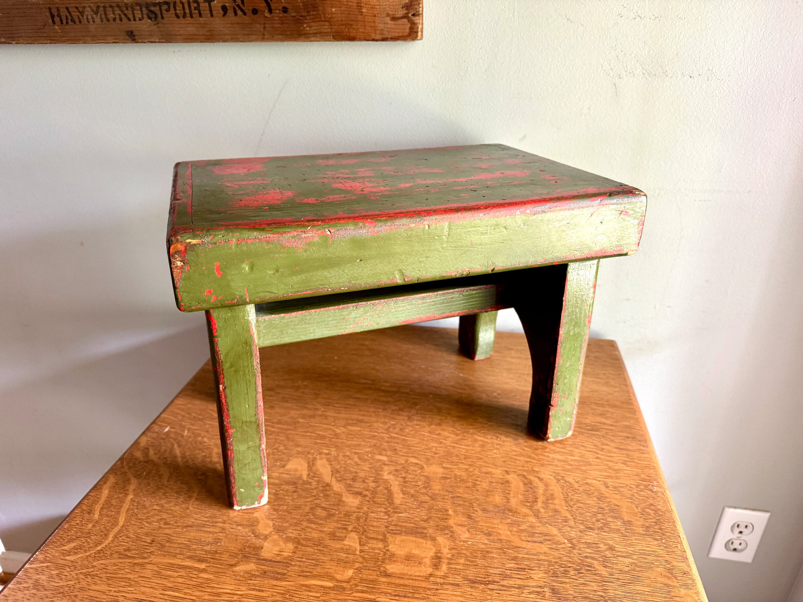 Antique Wooden Stool with Distressed Paint | Primitive Rustic Green Wood Stool