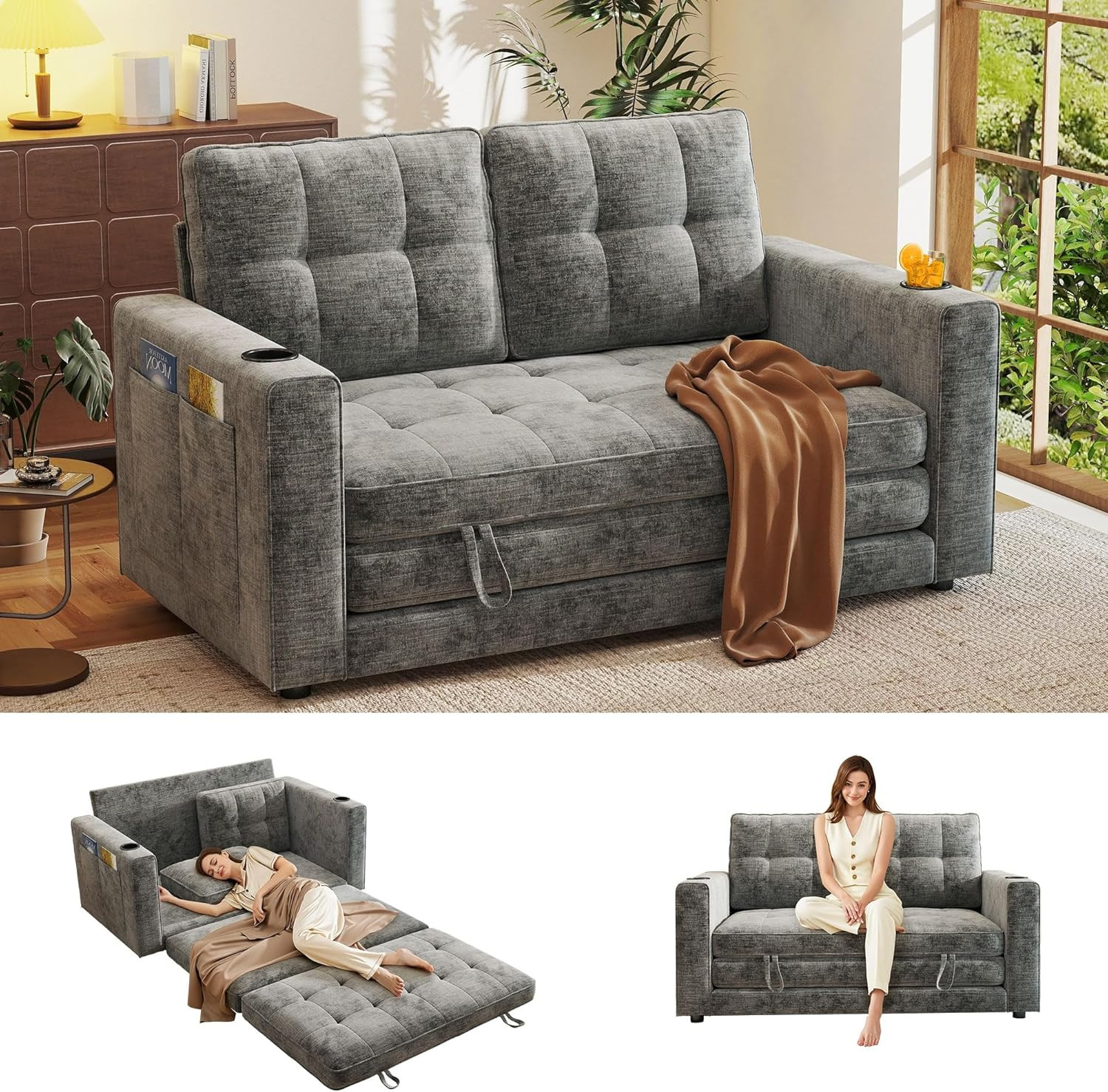 Compact 55" Grey Chenille Convertible Sofa Bed with Cup Holder & Pillow