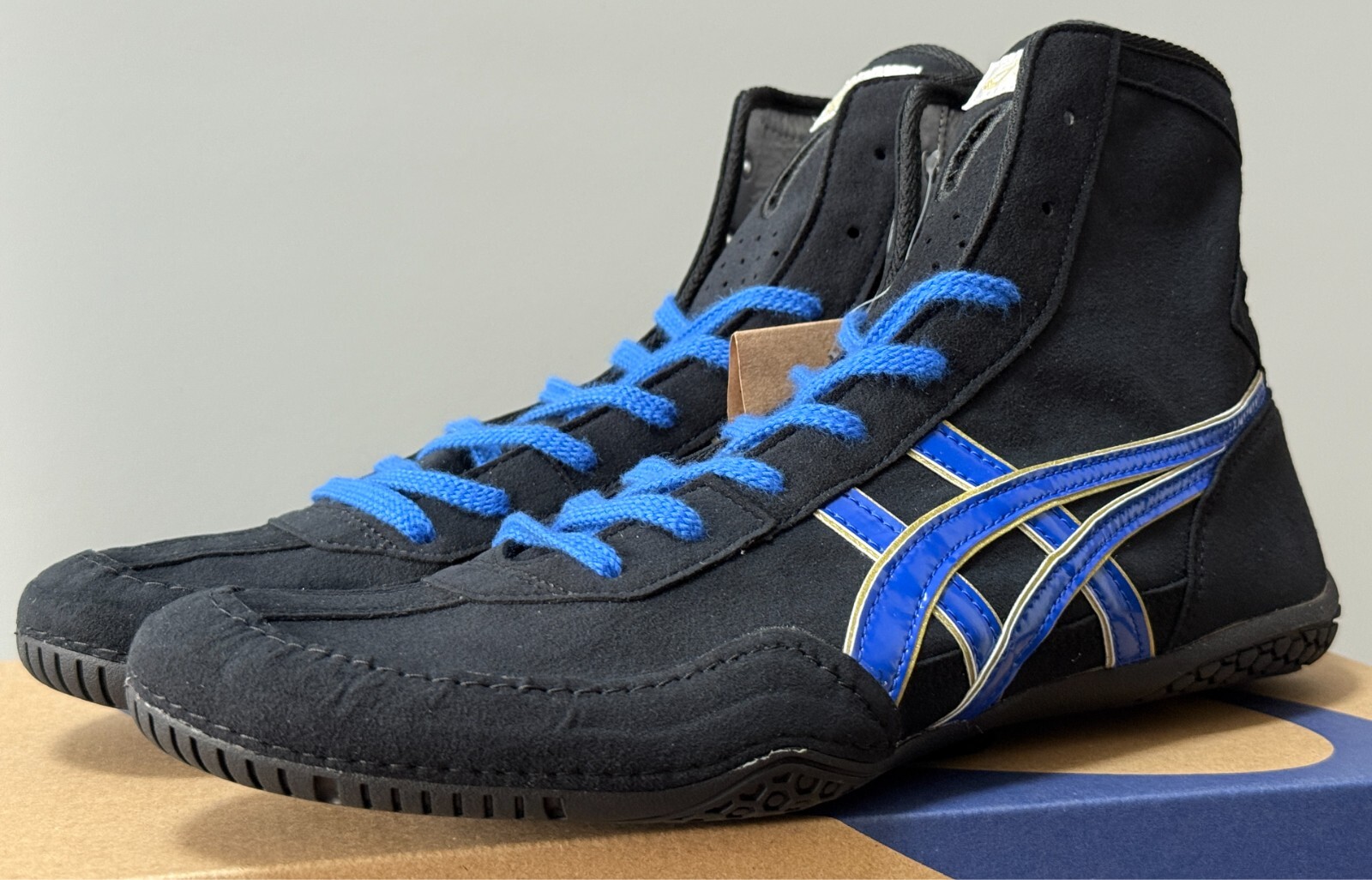 Opt Laces Blue : Asics Wrestling EX-EO 1083A001 Black x Blue x Gold Heel Black