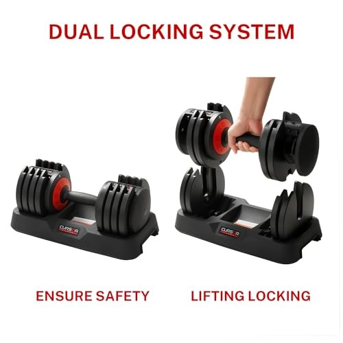 CURSOR FITNESS ADJUSTABLE DUMBBELLS, 5-IN-1 QUICK ADJUSTABLE WEIGHTS - BLACK/RED