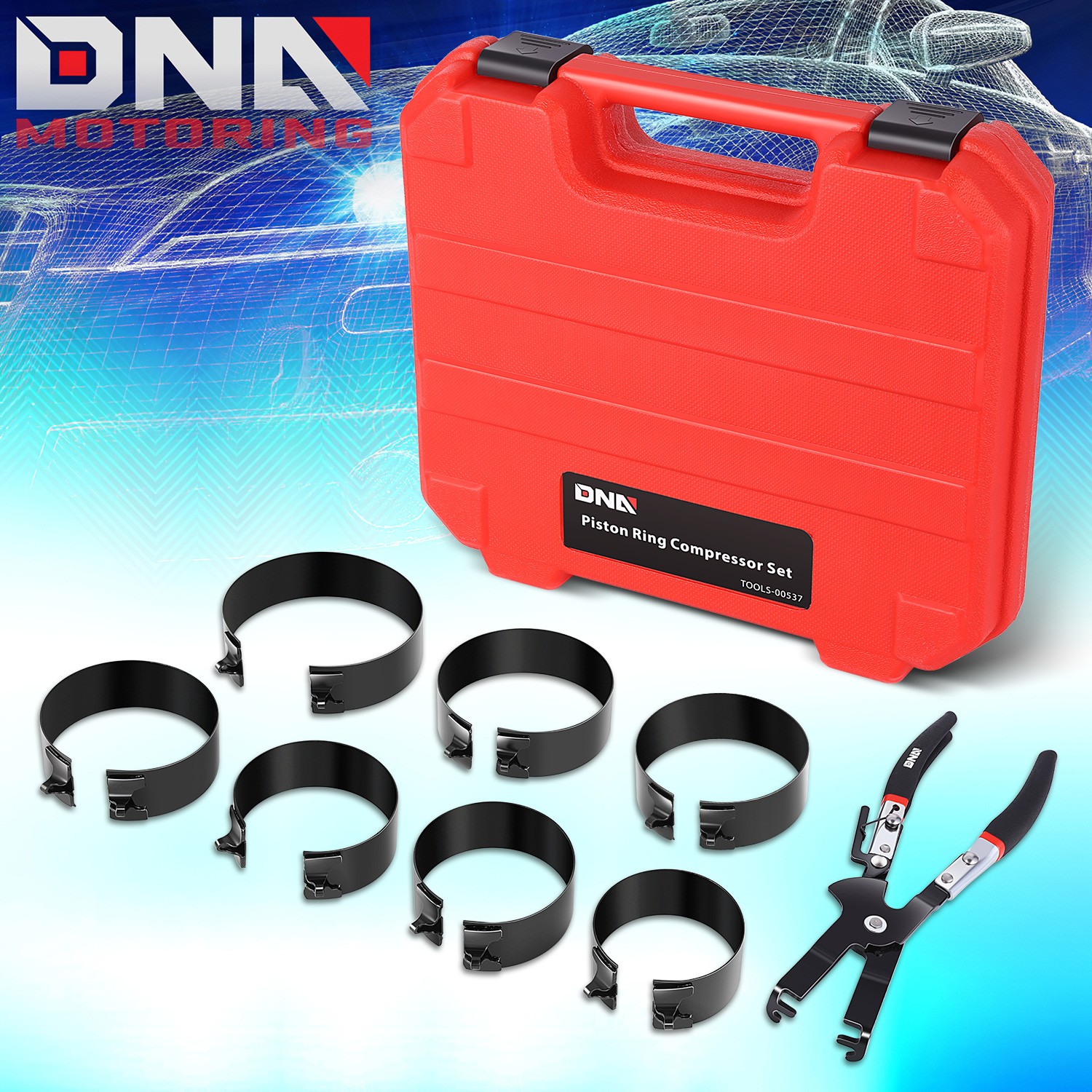 9 Pcs Heavy-Duty Ratcheting Piston Ring Compressor Set w/ Red Carrying Case