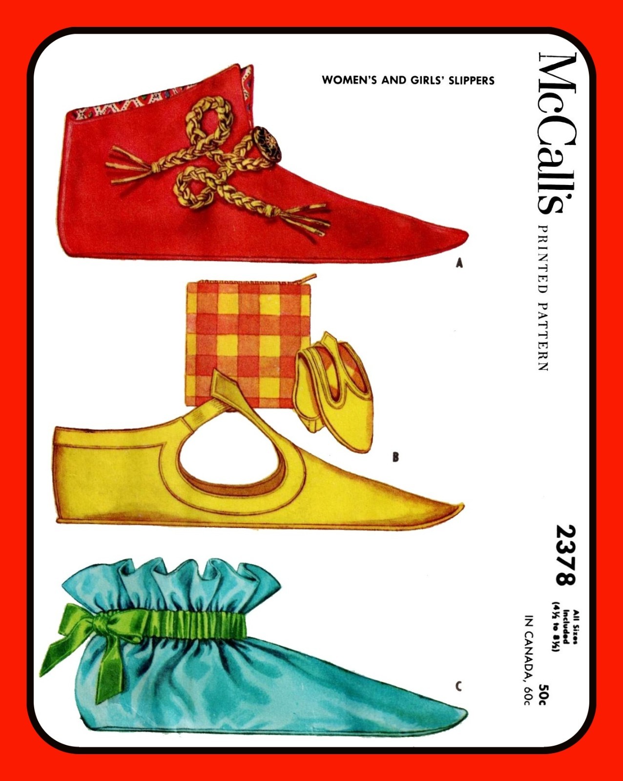 Vintage 50's SLIPPER Pattern Felt or Suede McCALL'S 2378 Sizes 4.5-8.5