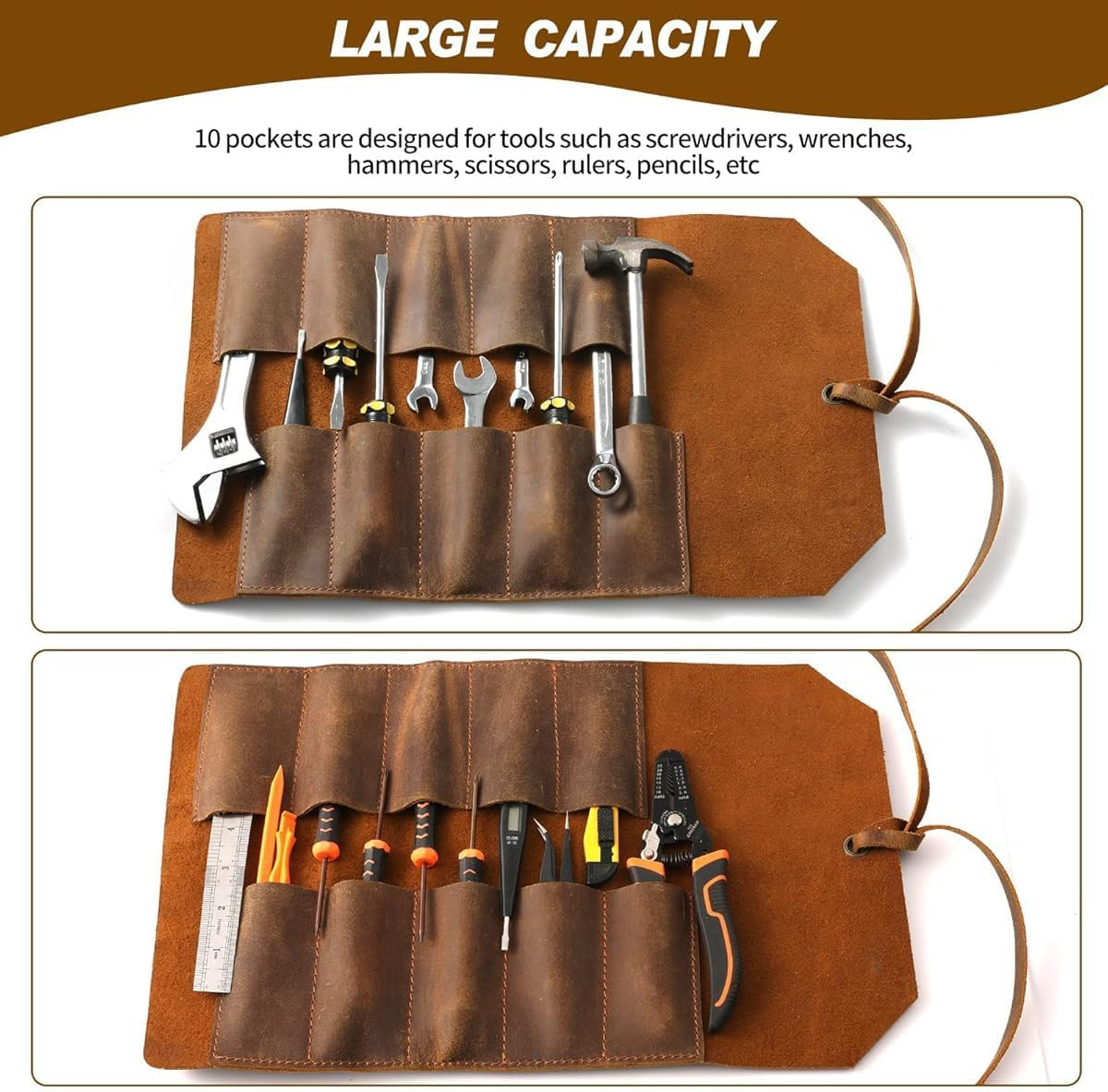 Leather Tool Roll Pouch 10 Slots - Tool Portable Carry on Pouch, Workshop Storag