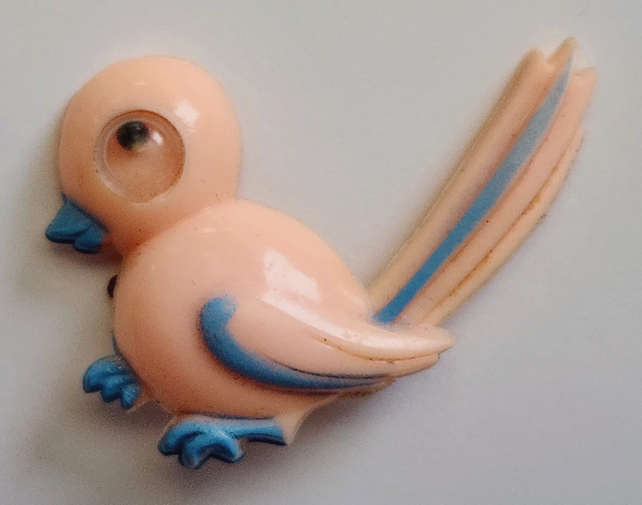 RARE Vintage PIN GOOGLY EYE Baby Bird PINK with Blue 1950s Plastic Brooch