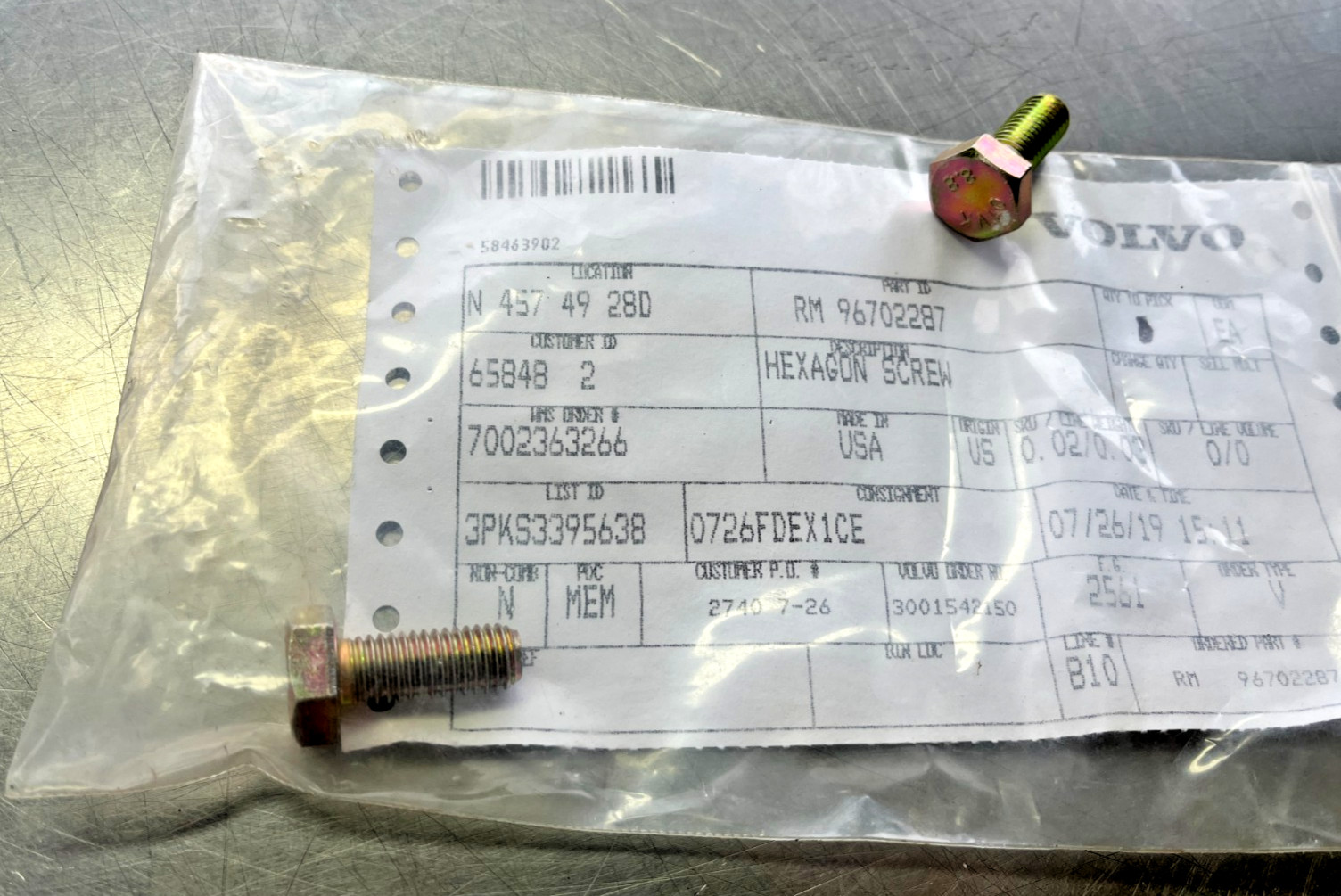 96702287  OEM  Volvo  HEXAGON SCREW BOLT  QTY of 2   Ingersoll Rand  RM96702287