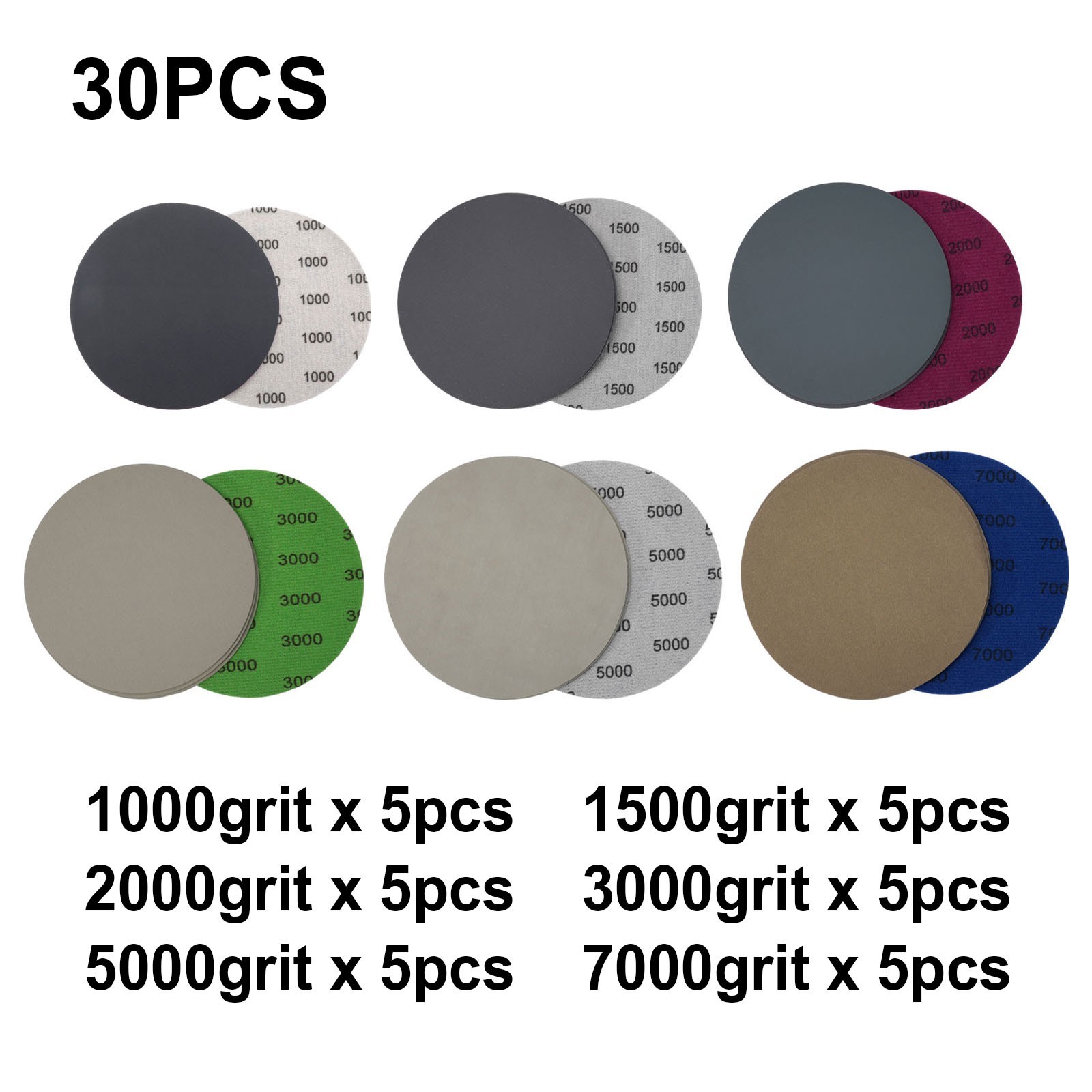 30pcs 5 Inch 125mm Hook&Loop Wet-Dry 1000 1500 2000 3000 5000 7000 Sanding Discs