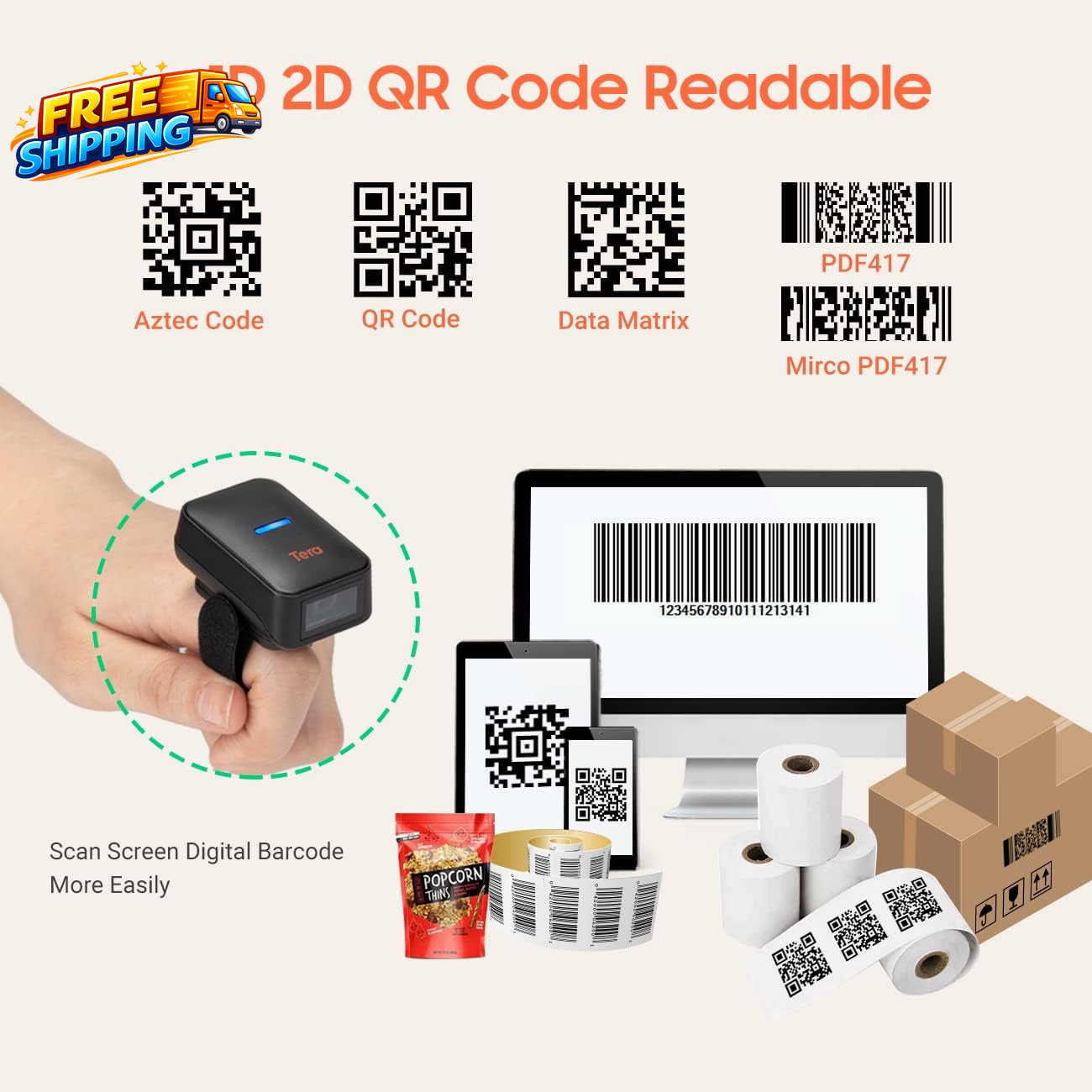 Pro Extreme Performance 1D 2D QR Wireless Ring Barcode Scanner with Bluetooth