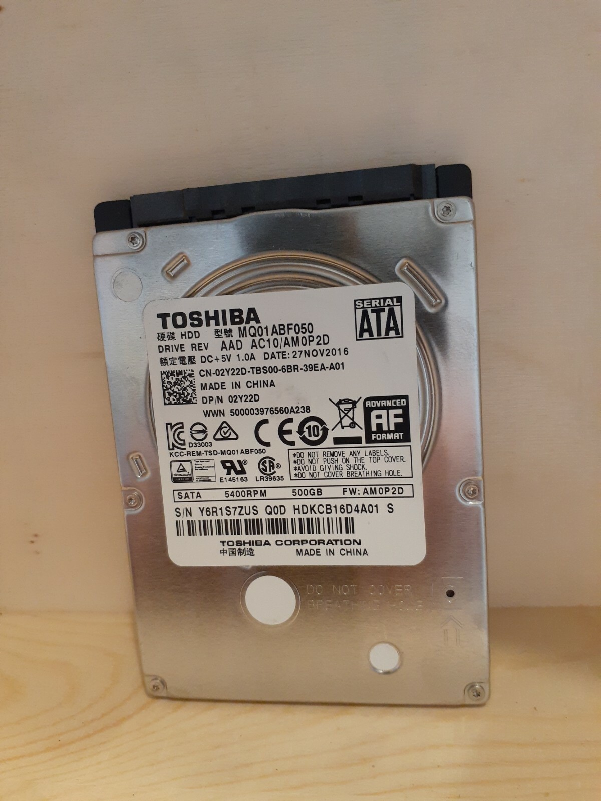 MQ01ABF050 AC10/AM0P2D HDKCB16D4A01 Toshiba 500GB SATA 2.5 Hard Drive 5400 WIPED