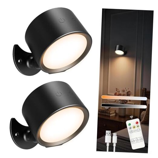 Battery Operated Wall Sconce, Remote Control, Wireless Rechargeable Black