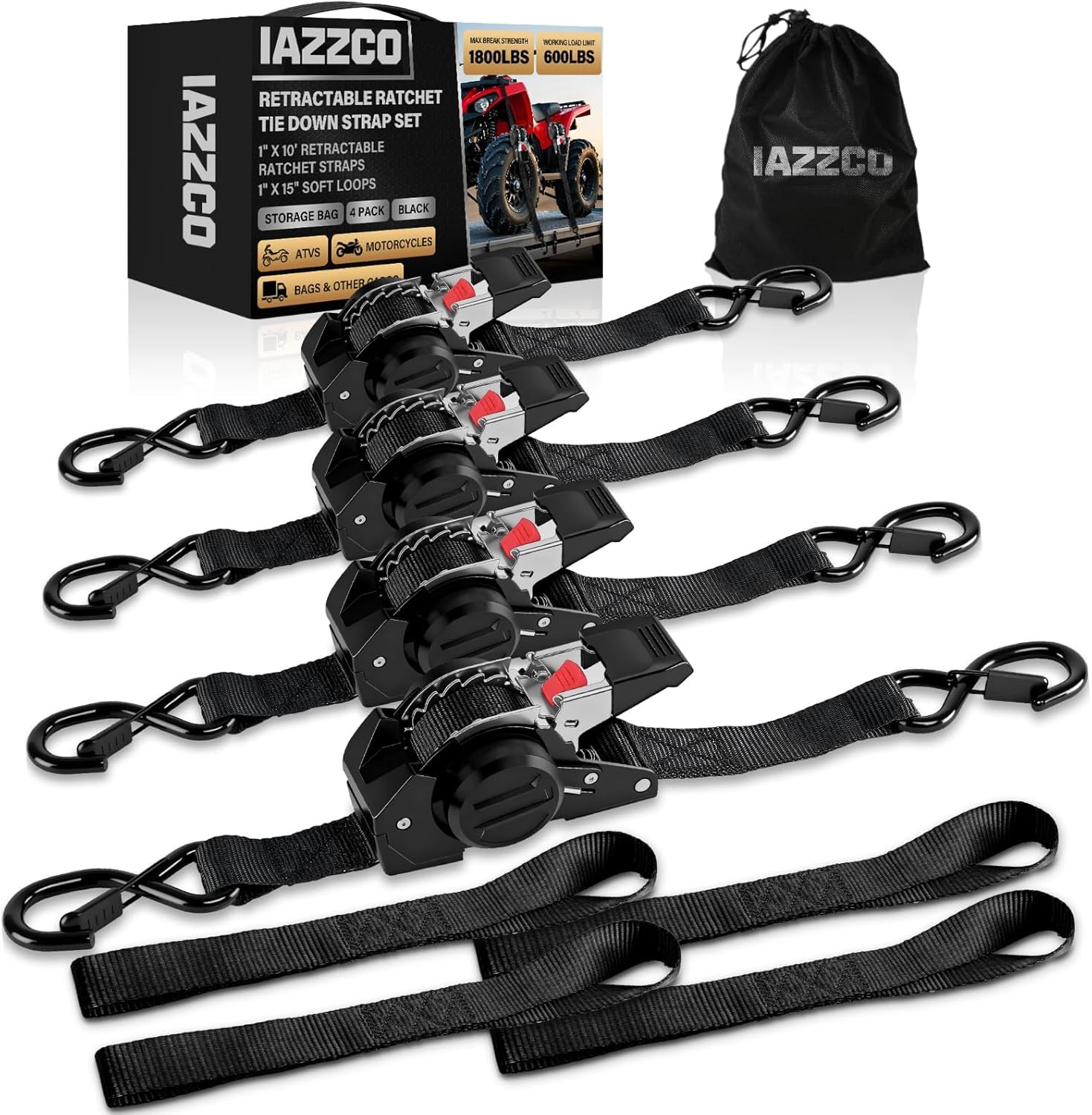 Retractable Ratchet Tie Down Straps - 1 Inch x 10 Feet (1800 LB Break Strength)