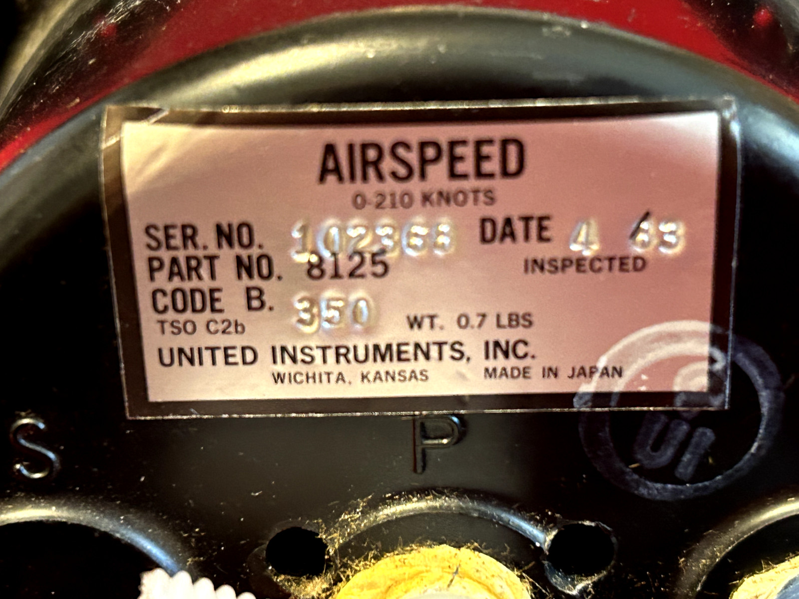 UNITED INSTRUMENTS TRUE AIRSPEED INDICATOR P/N 8125 CODE B.350