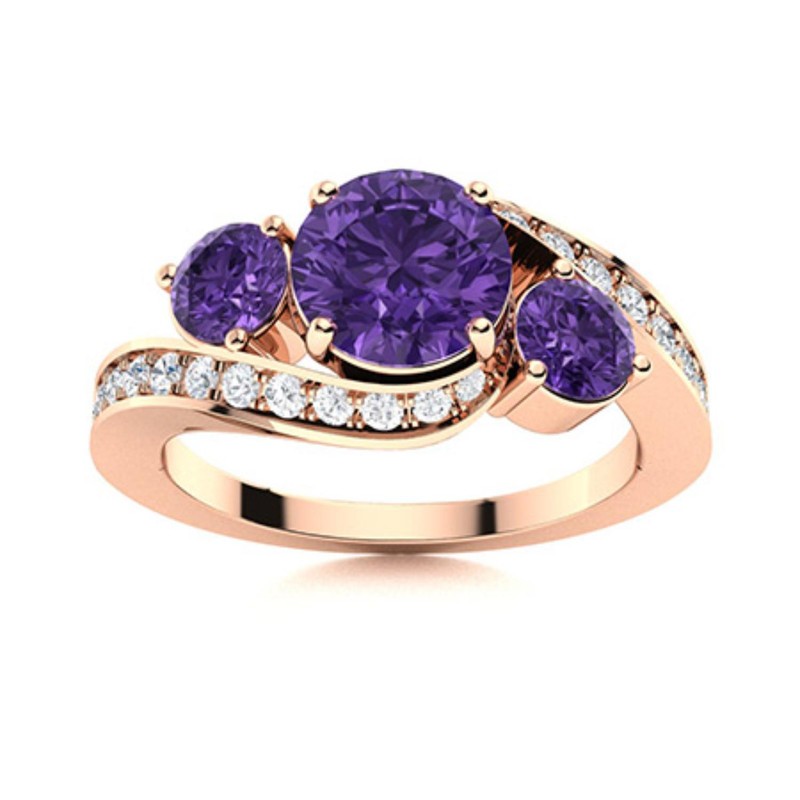 6mm Round Amethyst Ring 925 Sterling Silver Rose Plated Three Stone Bypass Band
