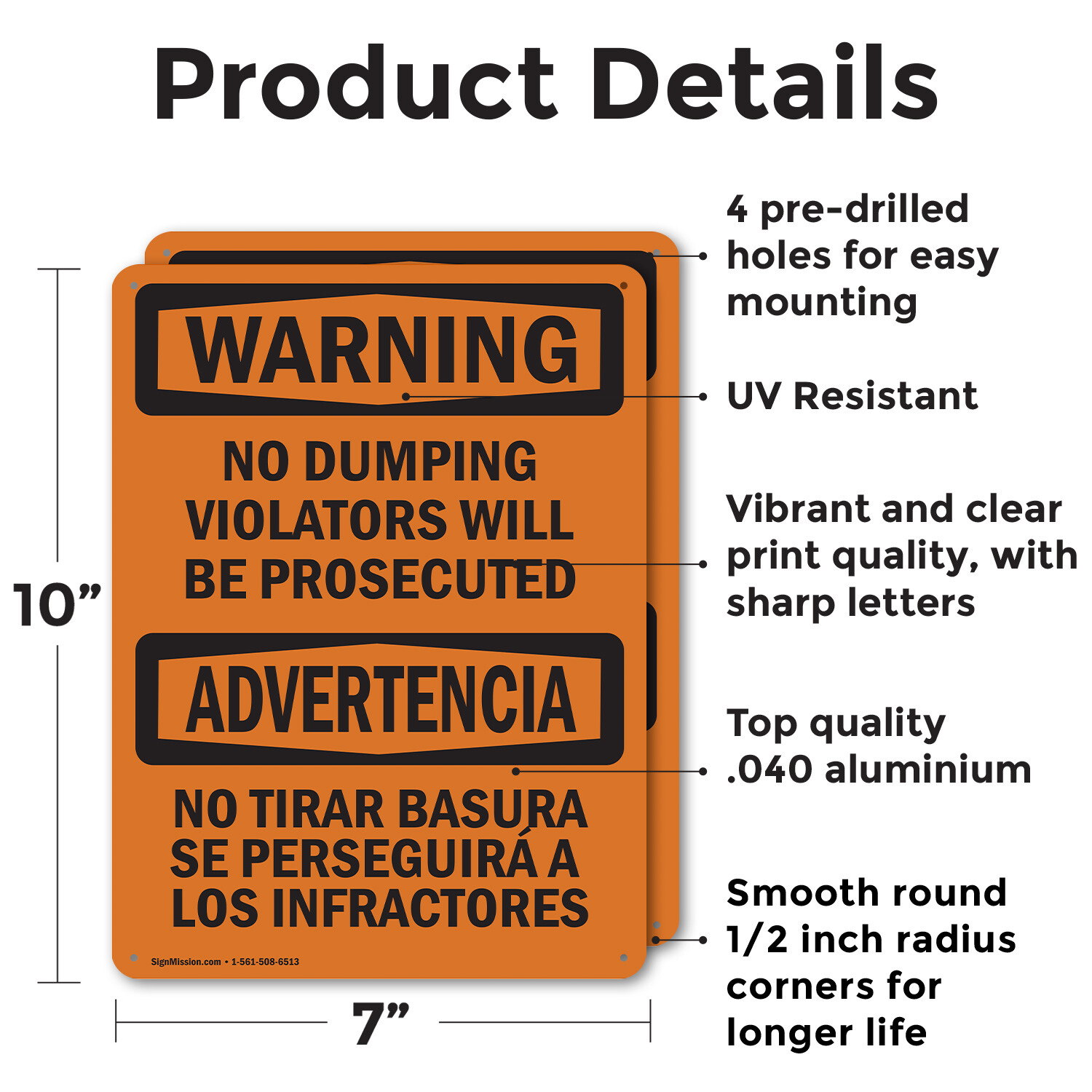 (2 Pack) No Dumping Violators Prosecuted Bilingual OSHA Warning Sign Decal Metal