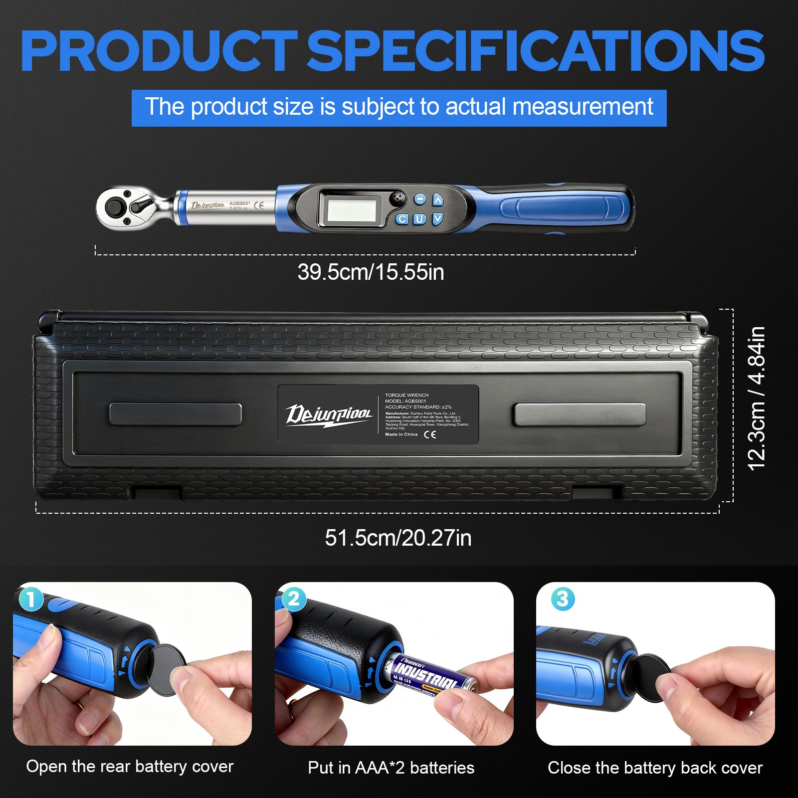 Dejunpool Digital Torque Wrench Adjustable Torque Wrench 3/8" Drive 2.2-44 ft.lb