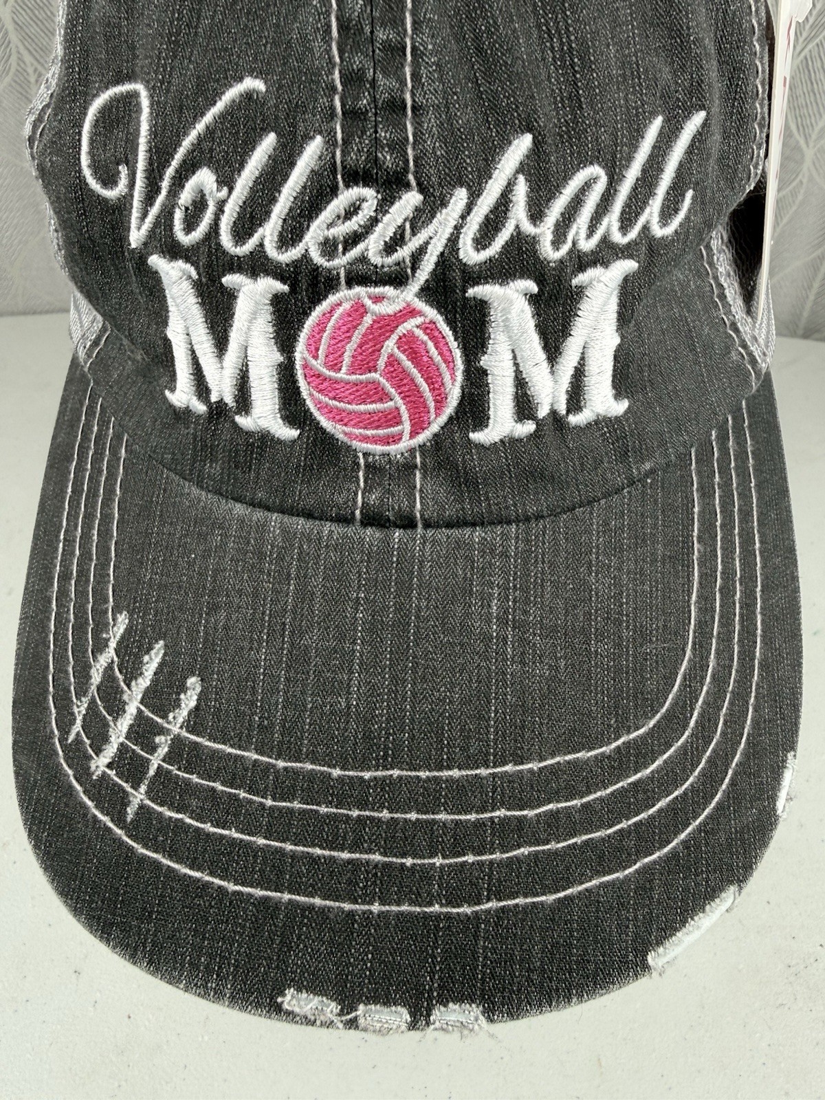 Volleyball Mom white and pink on gray distressed Hat Cap White Mesh NWT HookLoop