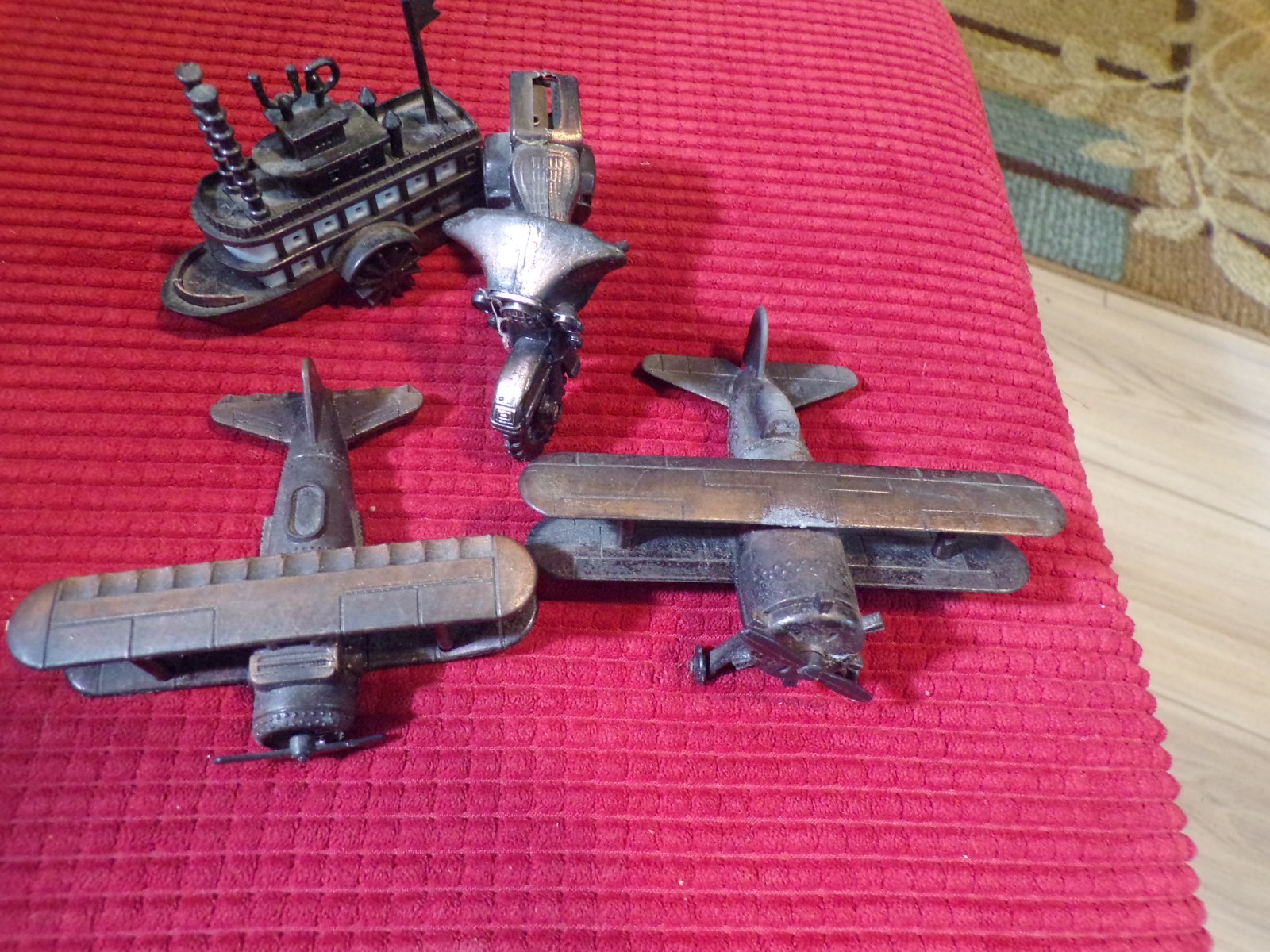 VINTAGE LOT 4 COPPER PENCIL SHARPENERS 2 BI-PLANES - MOTORCYCLE - STEAM SHIP