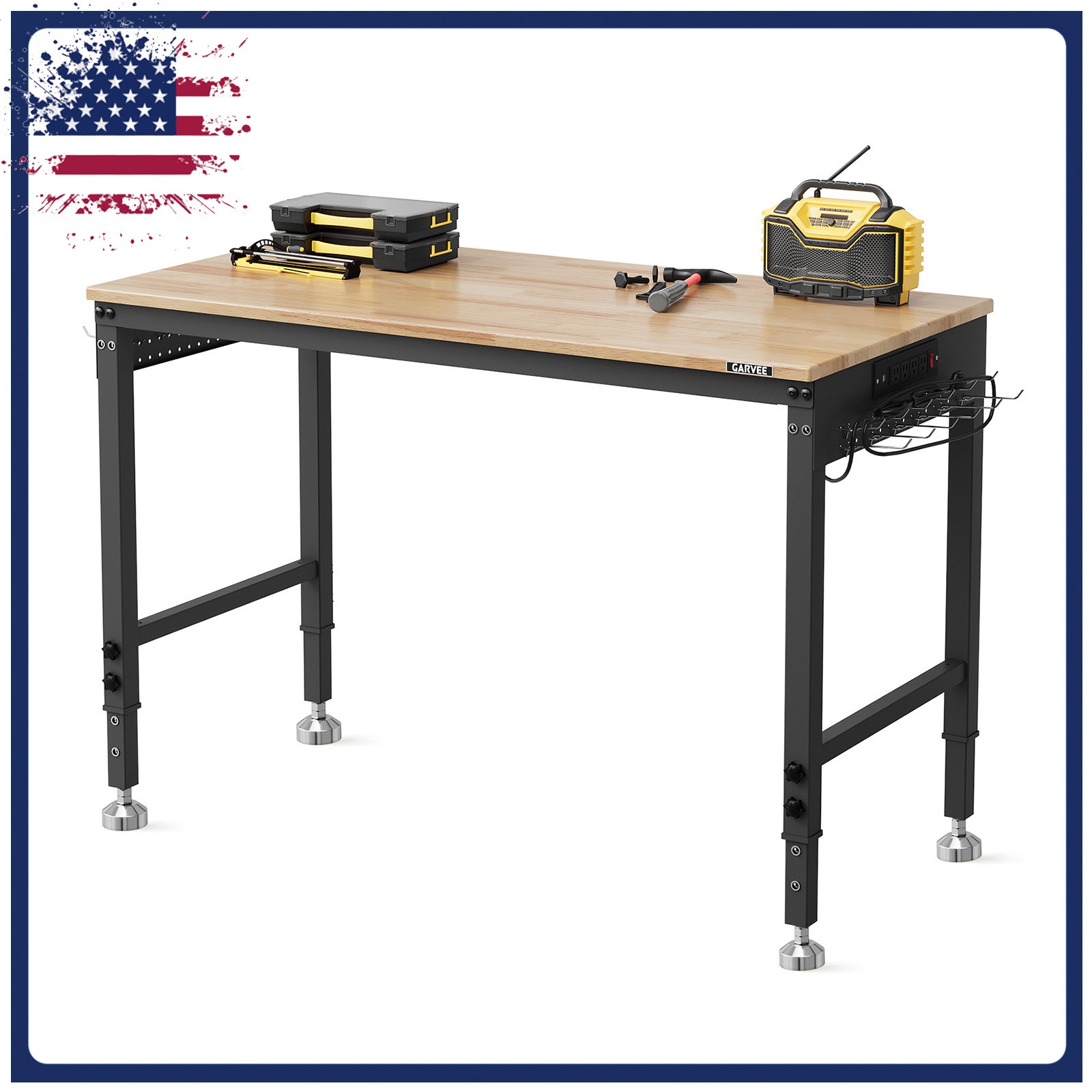 48x24 Inch Adjustable Height Workbench 2000 lb with Power Outlets for Garage