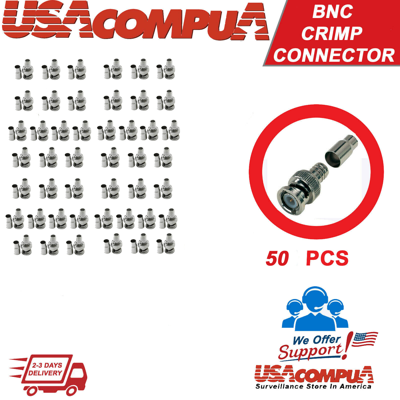 Crimp BNC Connectors Male RG59 Coax Coaxial  For CCTV Camera 50 pcs