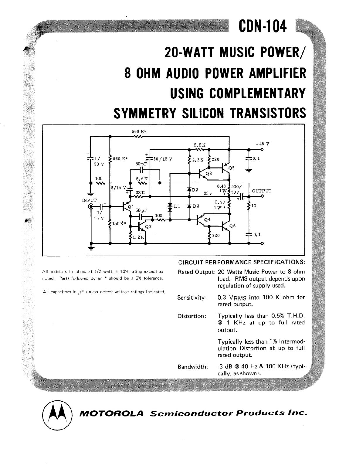 Motorola CDN-104 12W Music Power/8 Ohm Audio Power Amp Using Silicon Transistors