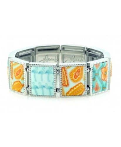 NEW JILZARA Clay Beads SEA SHORE TEAL ORANGE Large Square Stretch Bracelet