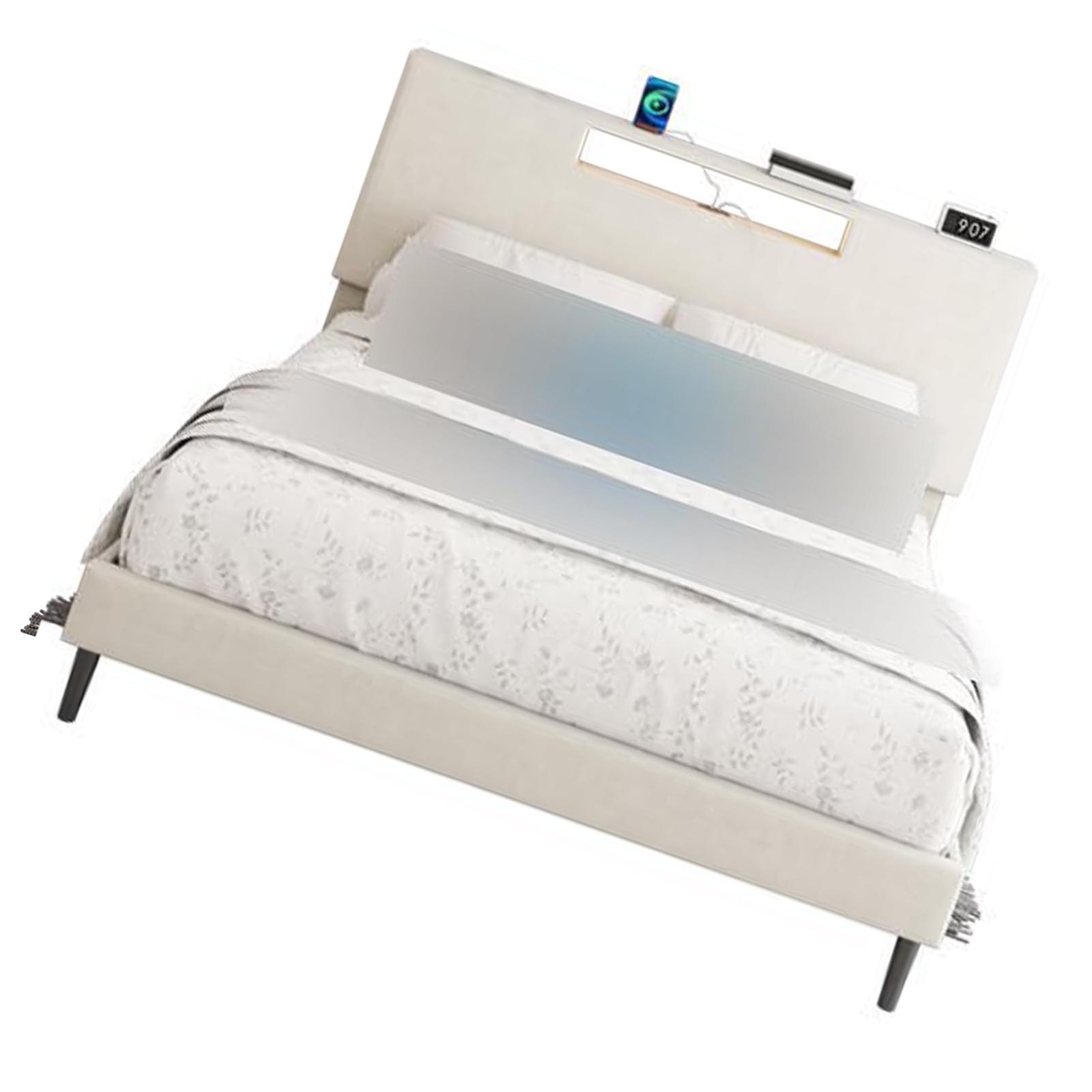 Upholstered Platform Bed Large Size Frame With LED Light And Charging Function