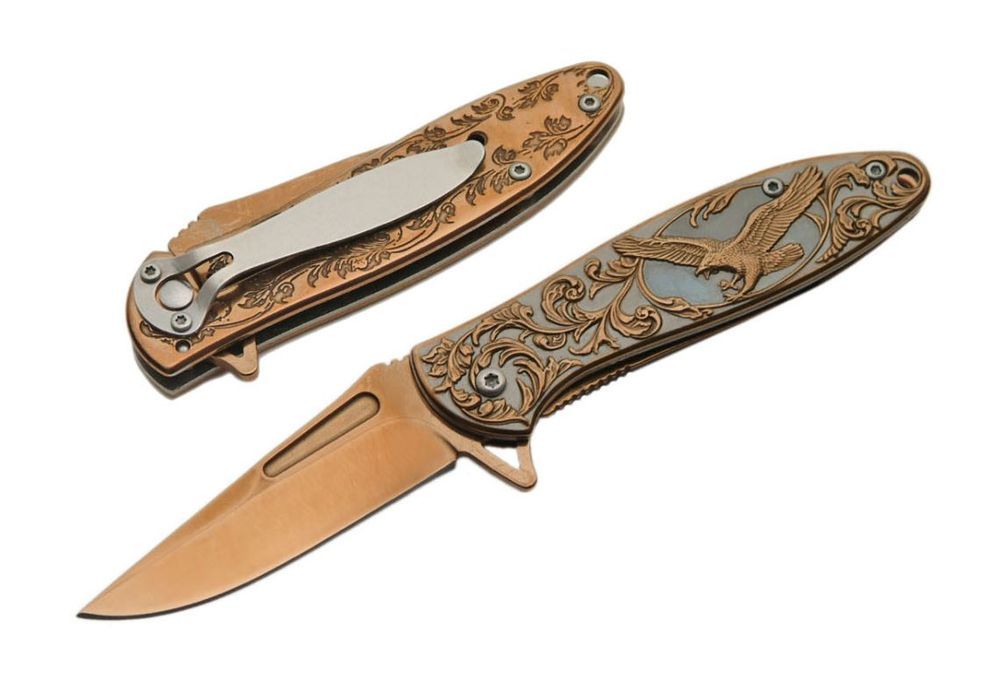 Spring-Assist Folding Pocket Knife | Easy Open 3" Blade Rose Gold Eagle EDC