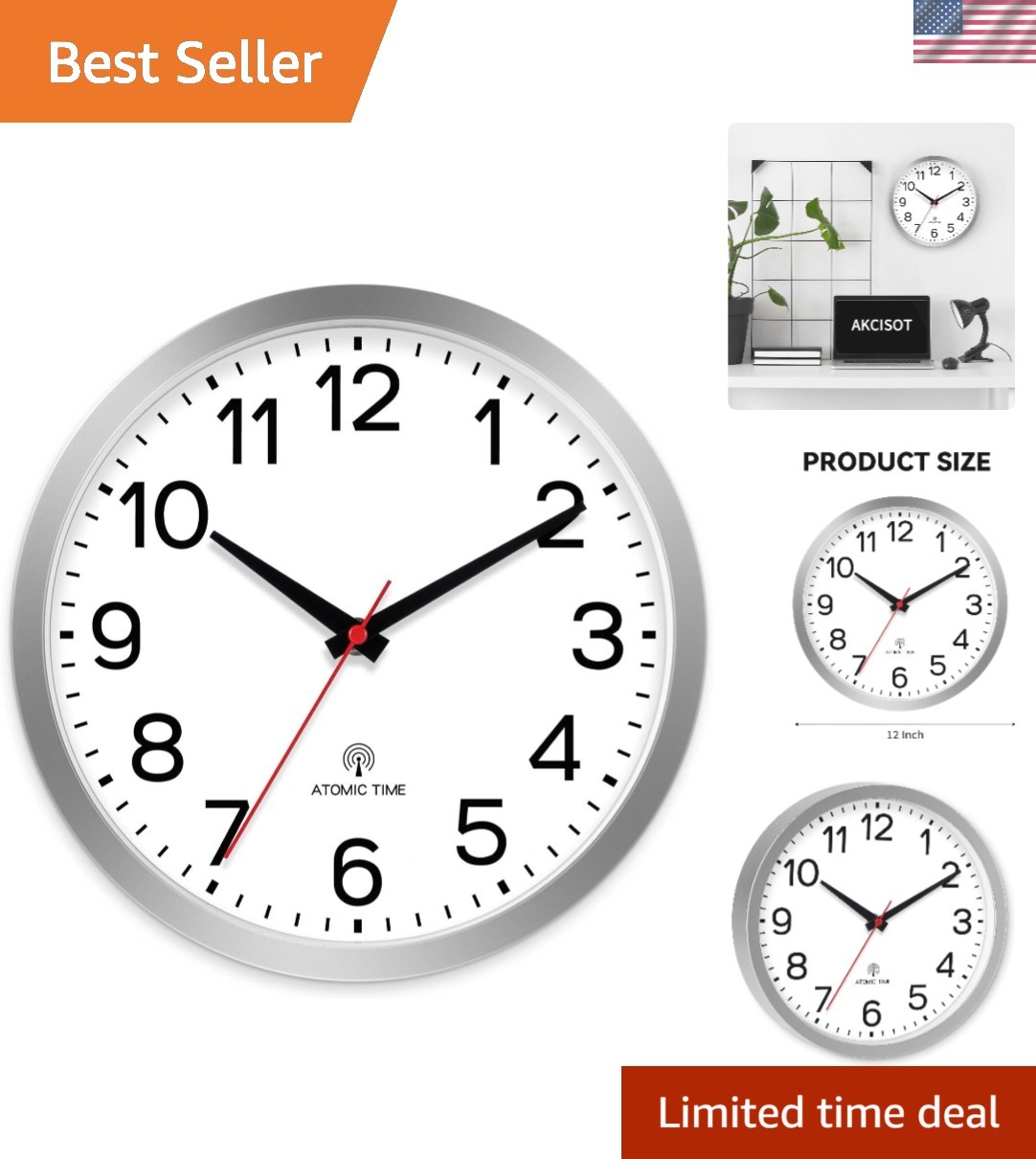 Modern 12-Inch Battery Powered Atomic Wall Clock for Effortless Timekeeping