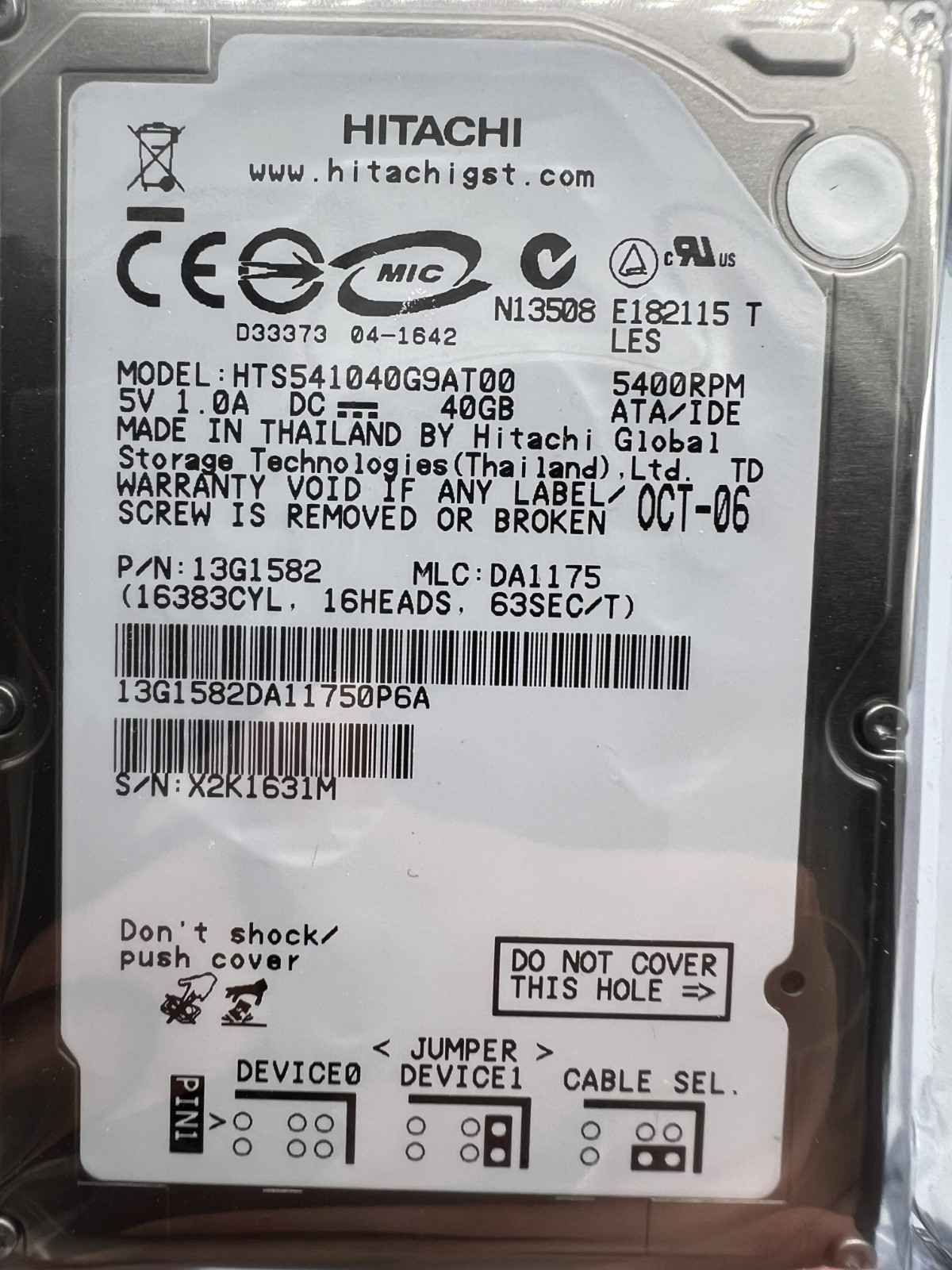 Hitachi HTS541040G9AT00 40GB 2.5" IDE HDD 5400RPM Laptop Hard Drive