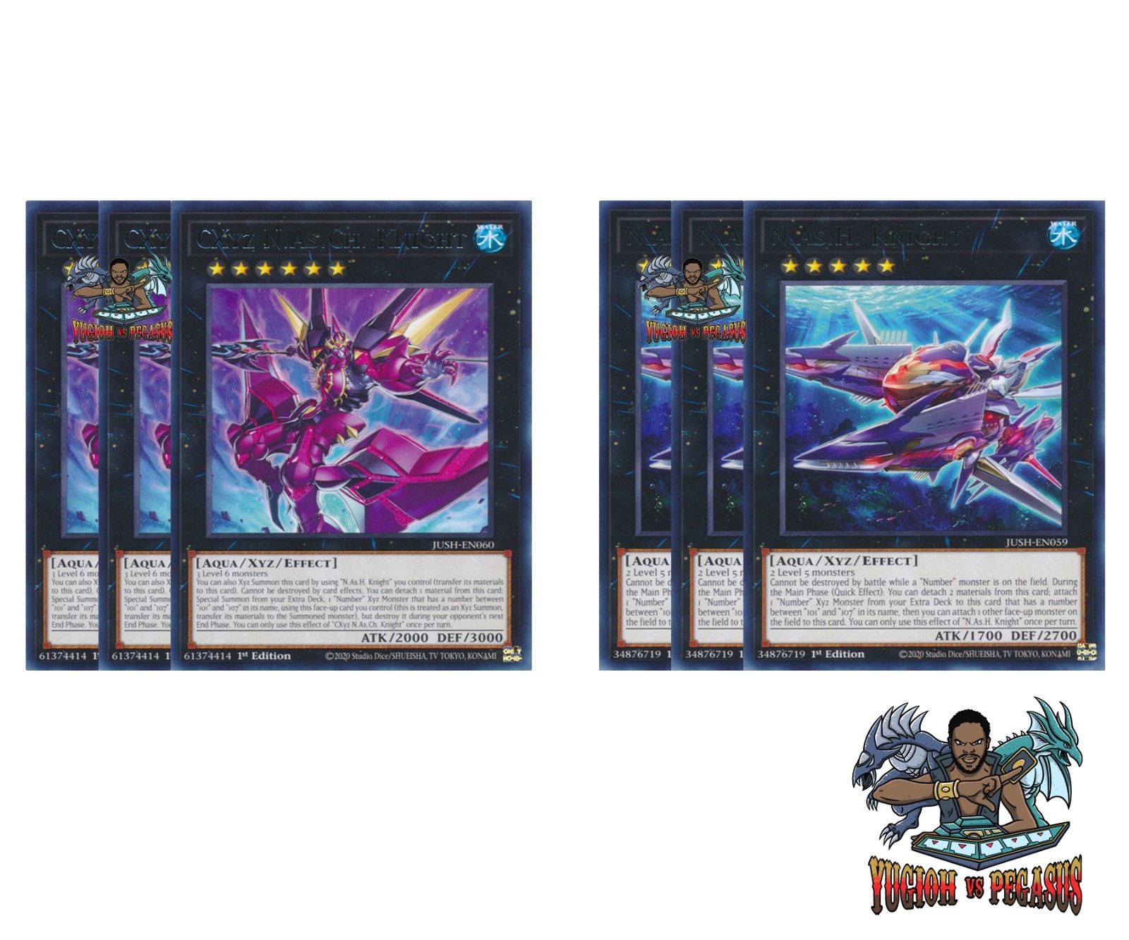 Yugioh! 3x CXyz N.As.Ch. Knight N.As.H. Knight JUSH Rare 1st Ed NM
